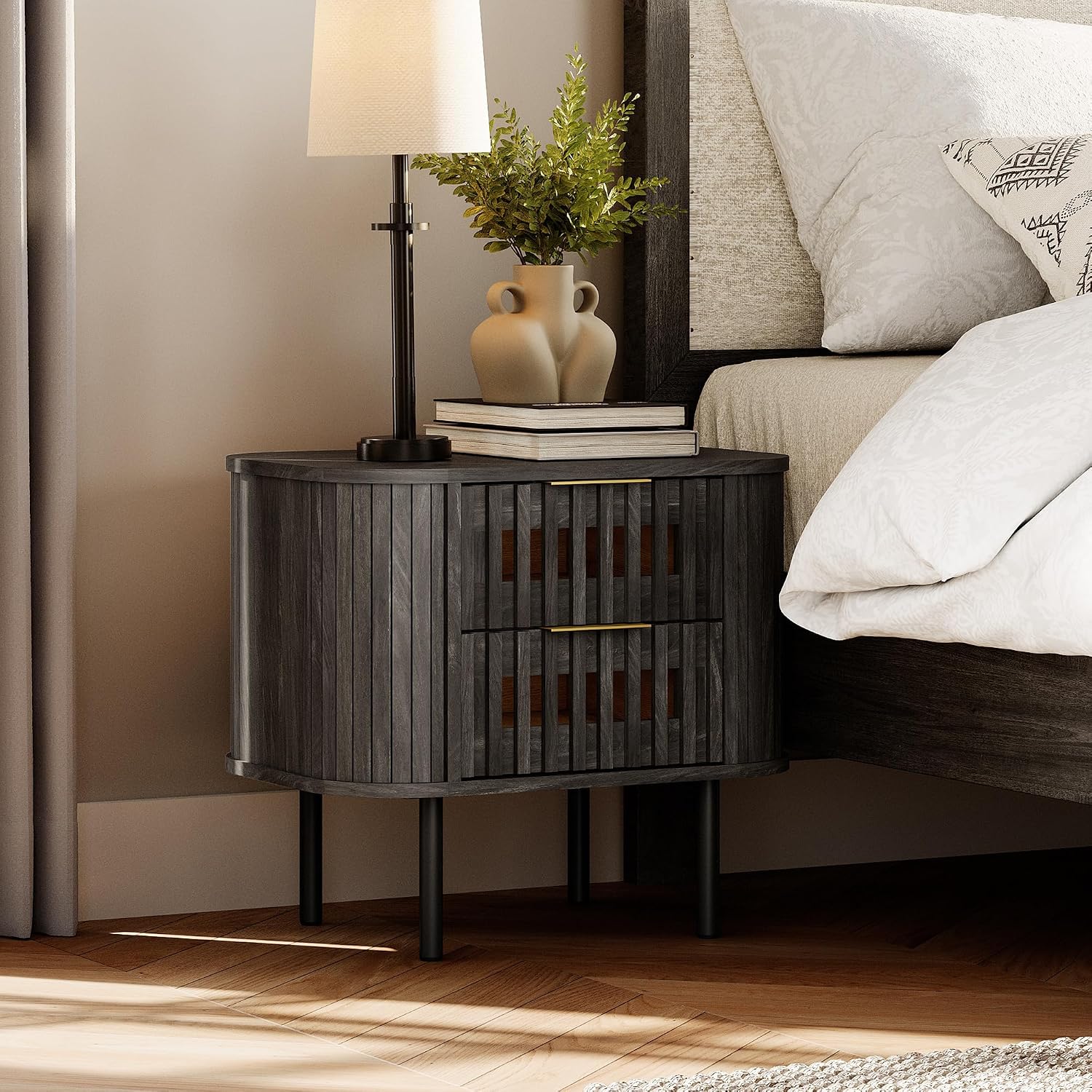 WAMPAT Fluted Nightstand, Modern Wooden End Table with 2 Drawer, Storage Bedside Table for Bedroom and Living Room, Black, 1 Pack