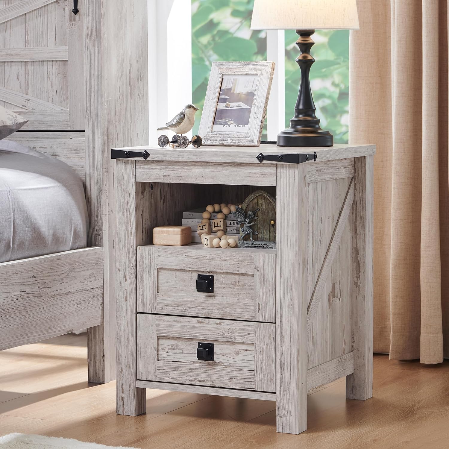 T4TREAM Nightstand with Charging Station, End Table, Side Table with 2 Drawers Storage Cabinet for Bedroom, Living Room, Farmhouse Design, Wood Rustic, Antique Brush White