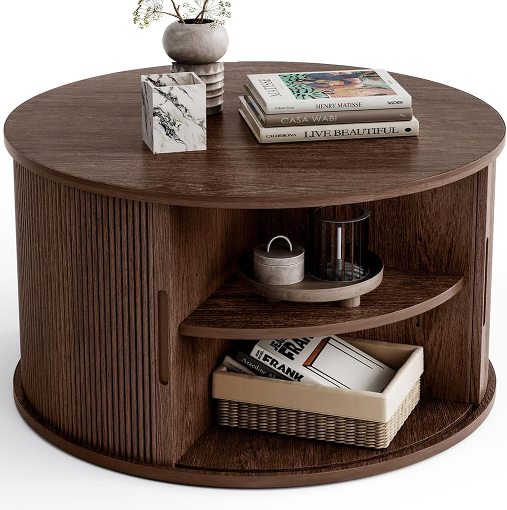 LINSY HOME Round Coffee Table, 31.5' Drum Coffee Table with Sliding Tambour Door, Fluted Accent Center Table with Storage, Mid Century Modern Coffee Table for Living Room, Walnut