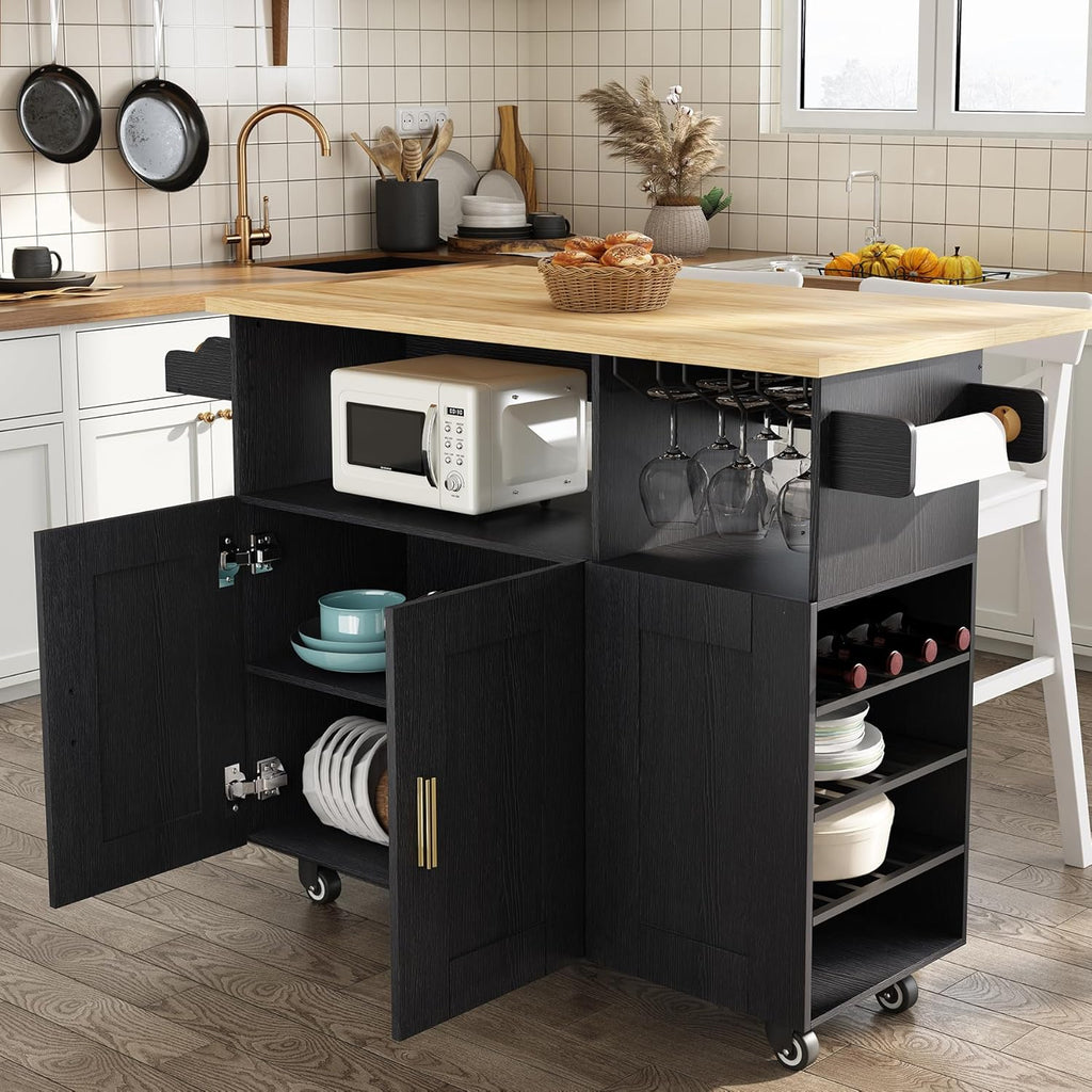 ASTRONAPE Rolling Mobile Kitchen Island with Storage and Drop Leaf, Island Table with Countertop Power Socket and Wheel (Black, Model 1.2)