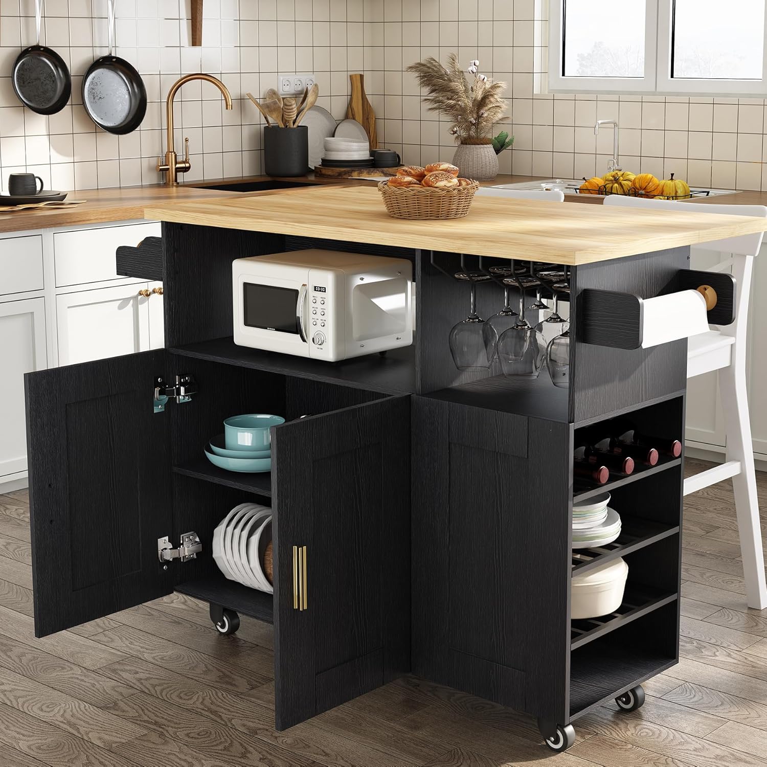 ASTRONAPE Rolling Mobile Kitchen Island with Storage and Drop Leaf, Island Table with Countertop Power Socket and Wheel (Black, Model 1.2)