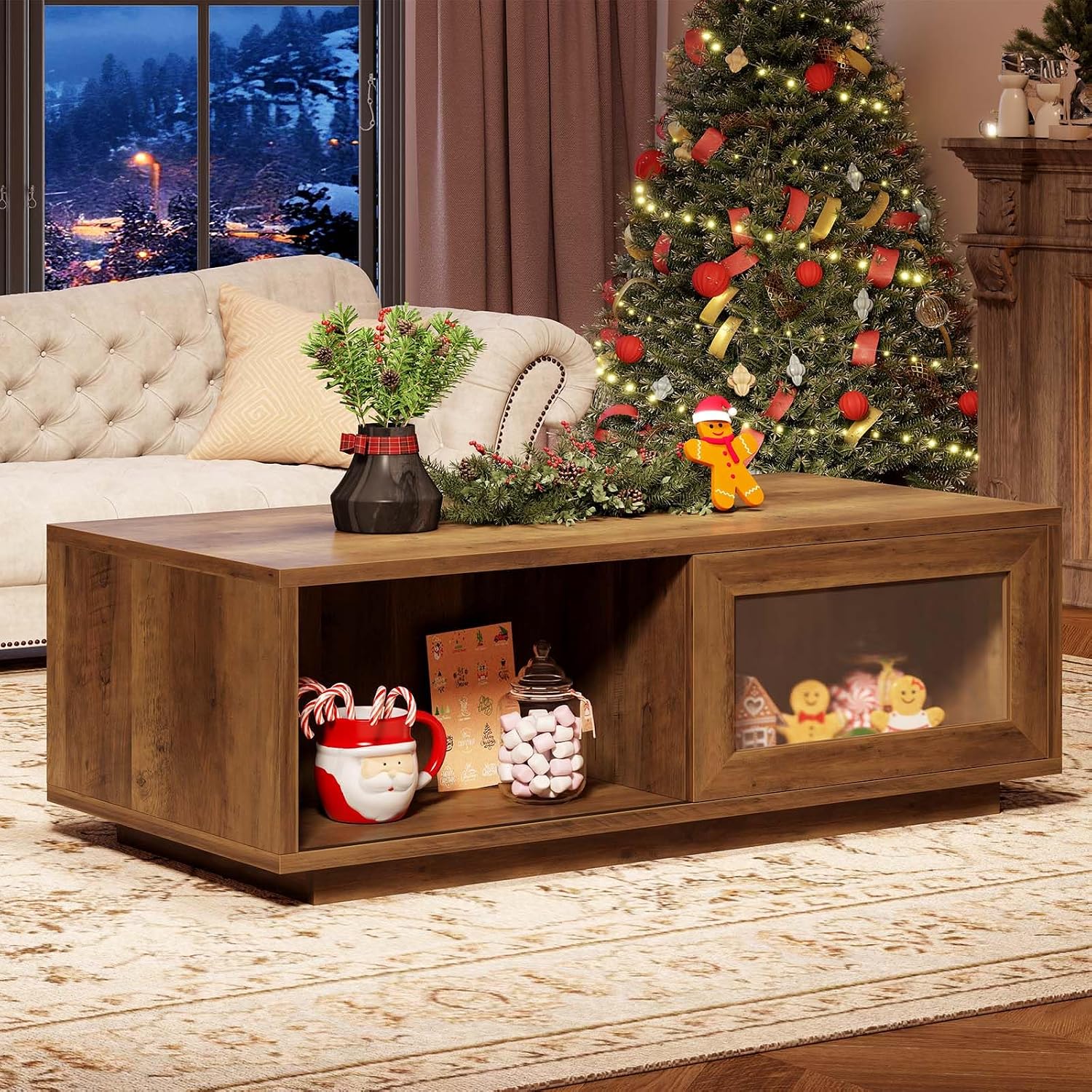 HSH Rustic Coffee Table for Living Room, 47 Inch Modern Wood Rectangle Coffee Tables with Sliding Door and Storage Open Shelf, Large Low Center Table for Home Decor, Rustic Oak