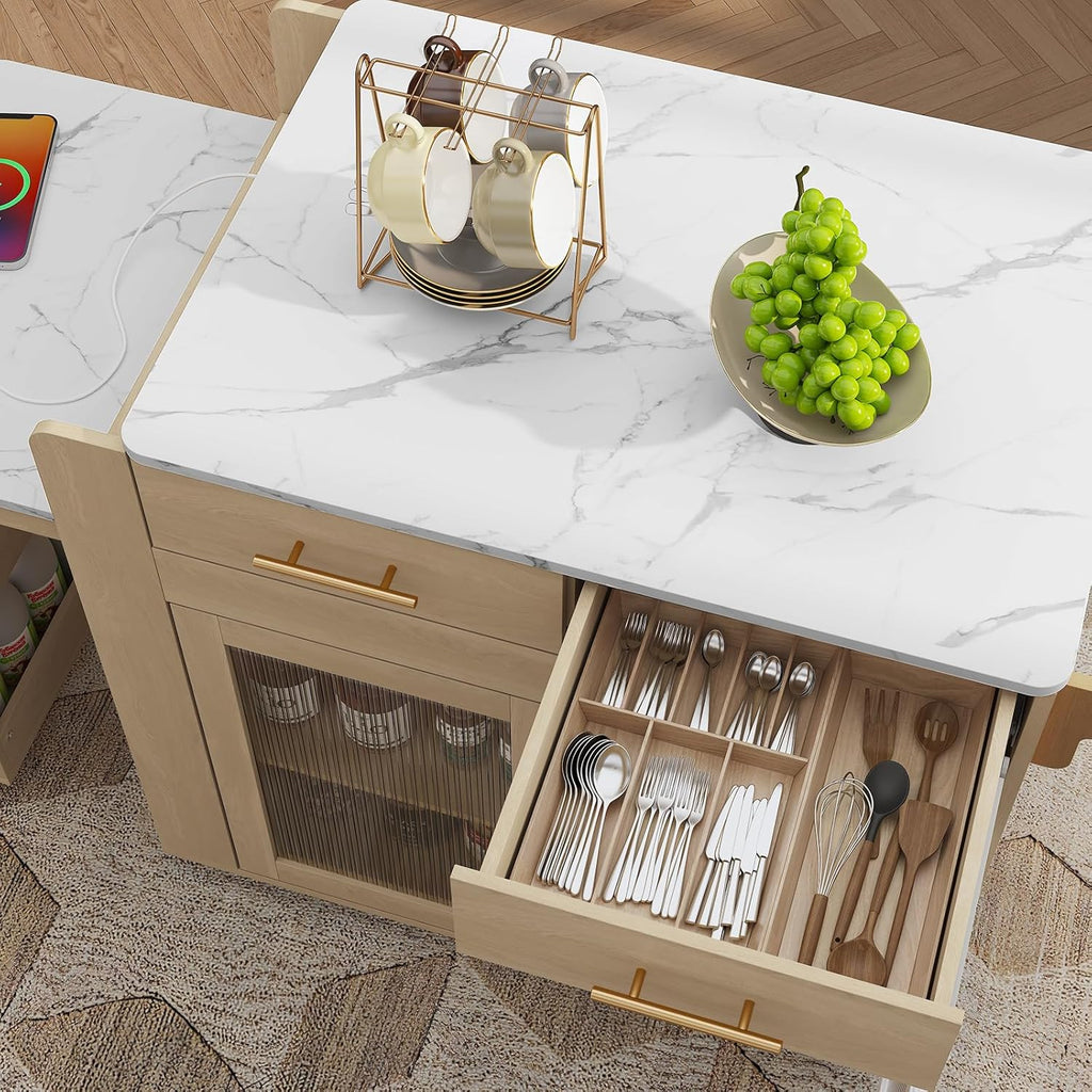 HLR 72' Kitchen Island with Extendable Dining Table, Marble Grain Top Storage Islands with Power Outlet, Rolling Cart on Wheels with Storage Cabinet and 2 Drawers, Pre Table for Kitchen