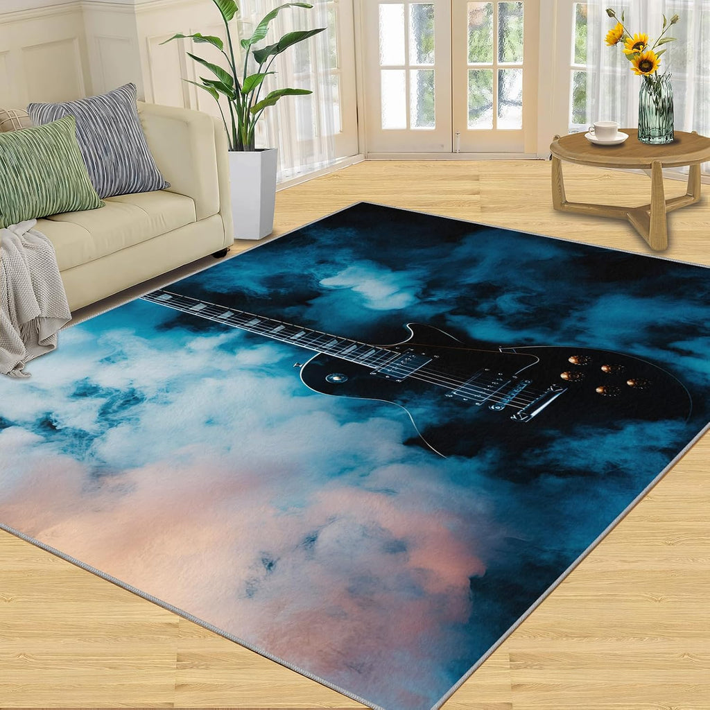 Guitar Rug for Bedroom 6x9 Rug Electric Guitar Rugs, Rock Music Theme Home Decor, Non Slip Washable Large Rugs, Musical Instrument Carpet for Boys and Girls Teen Playroom