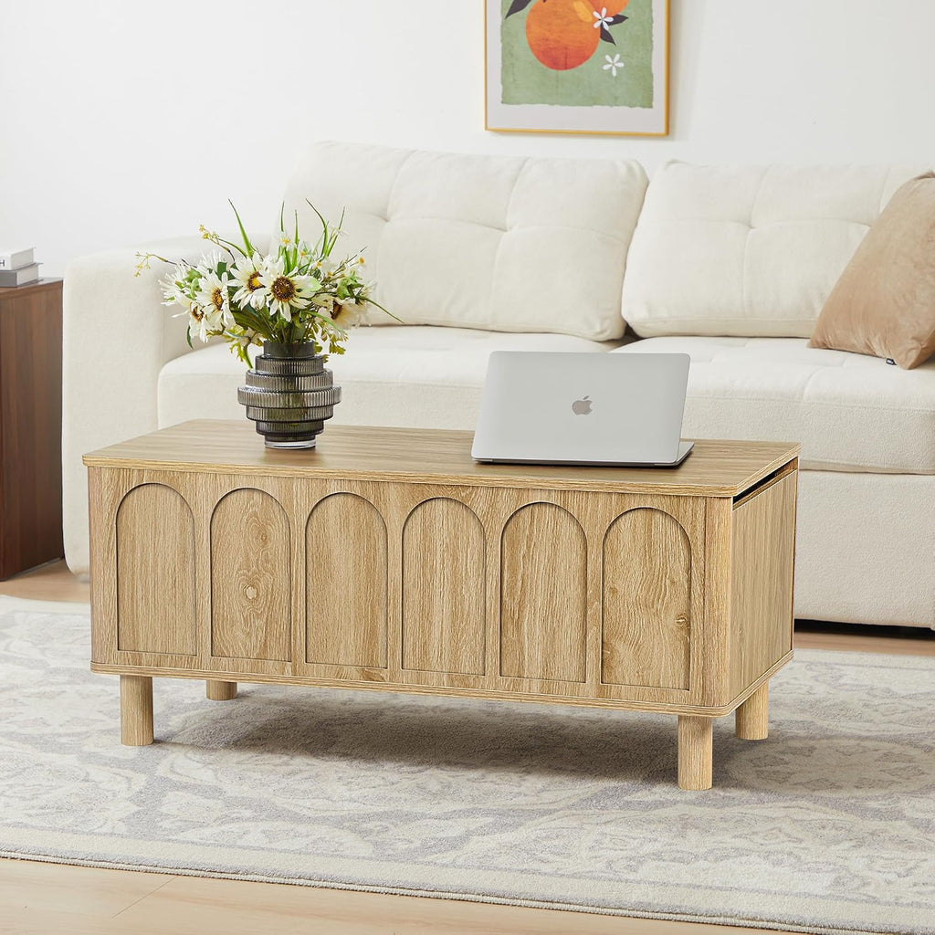 Lift Top Coffee Table with Arched Finish, Modern Coffee Table with Lifting Tabletop & Hidden Storage, Wood Center Table for Living Room,Convenient for Dining, Gaming or Working (Natural)