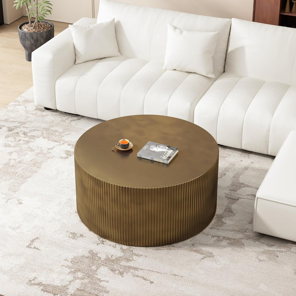 35.83' Gold Round Coffee Table, Minimalist Wave Stripe Modern Round Table, Drum Circle Coffee Tables for Living Room,Office Apartment,Gold