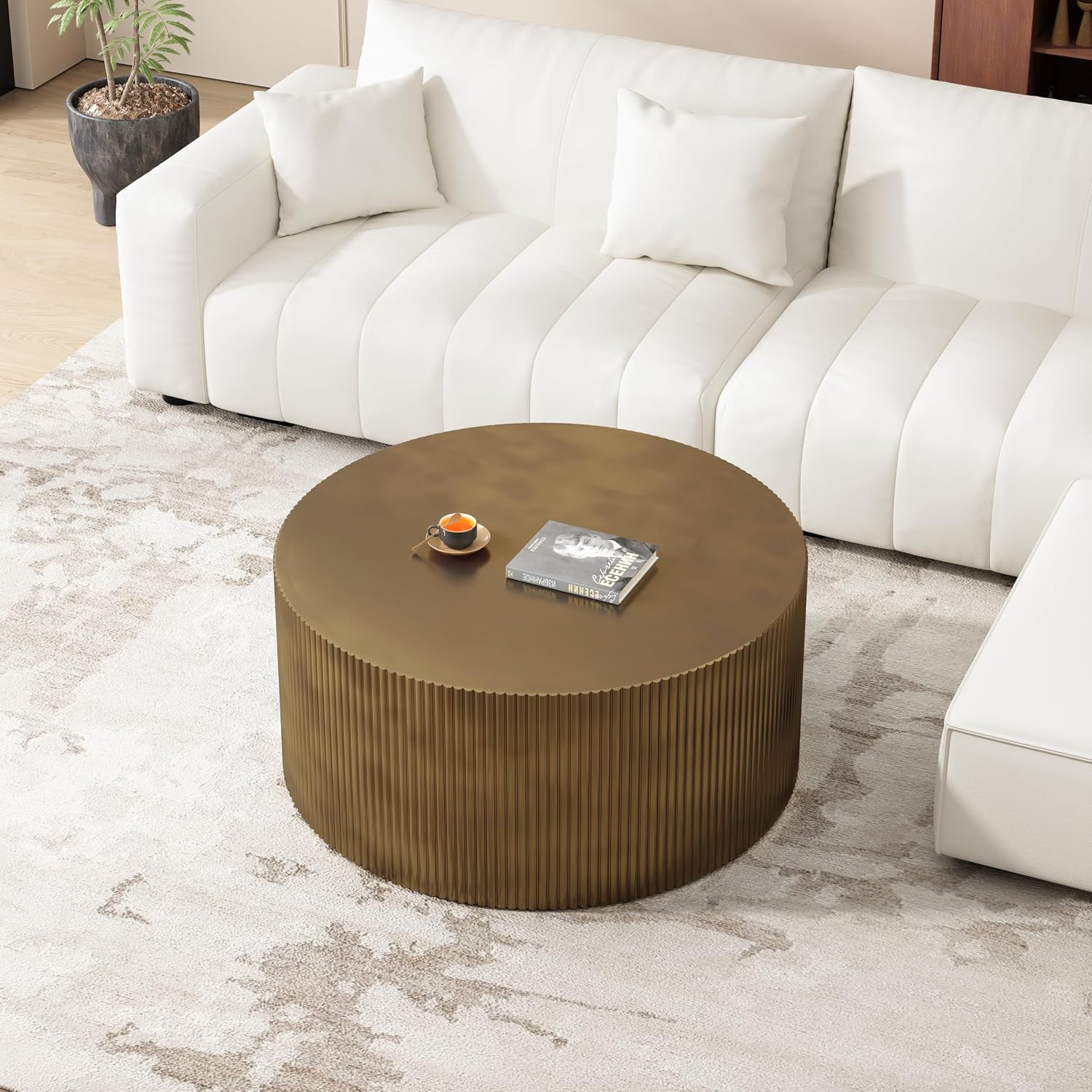 35.83' Gold Round Coffee Table, Minimalist Wave Stripe Modern Round Table, Drum Circle Coffee Tables for Living Room,Office Apartment,Gold