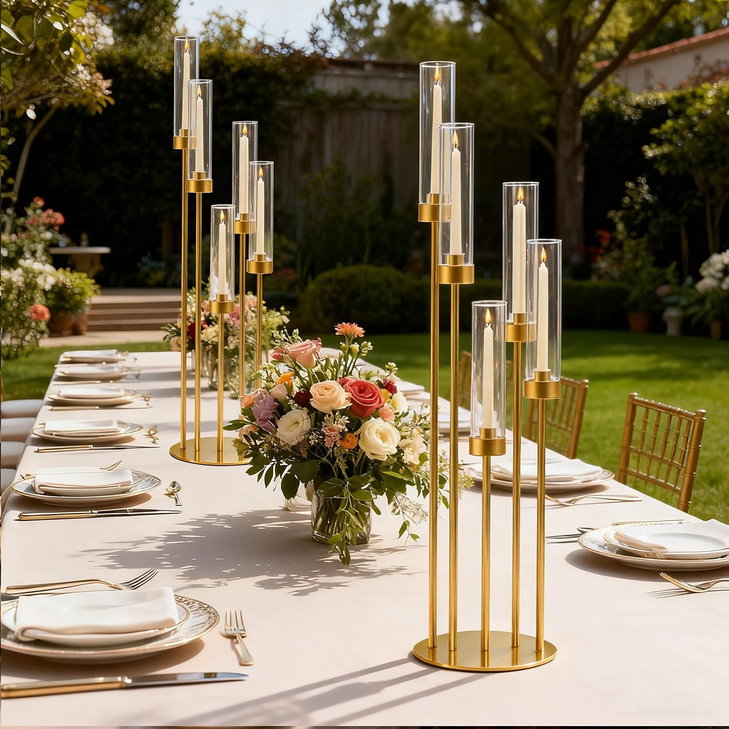42.5in Gold Candle Holders for Table Centerpiece Candelabra Candlestick Holders Decor Wedding Centerpiece Table Decorations 5 arm Candle Holder Set of 10 Acrylic lampshade Fit 0.9' LED Candle