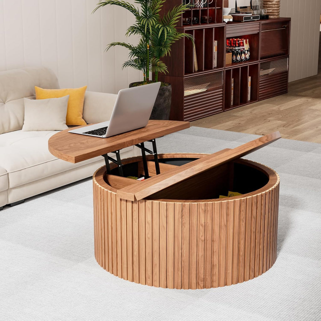 Fsbecl Fluted Lift Top Coffee Table with Storage, 34.6'' Round Coffee Tables for Living Room, Circle Wood Center Table with Hidden Conpartment (Walnut)