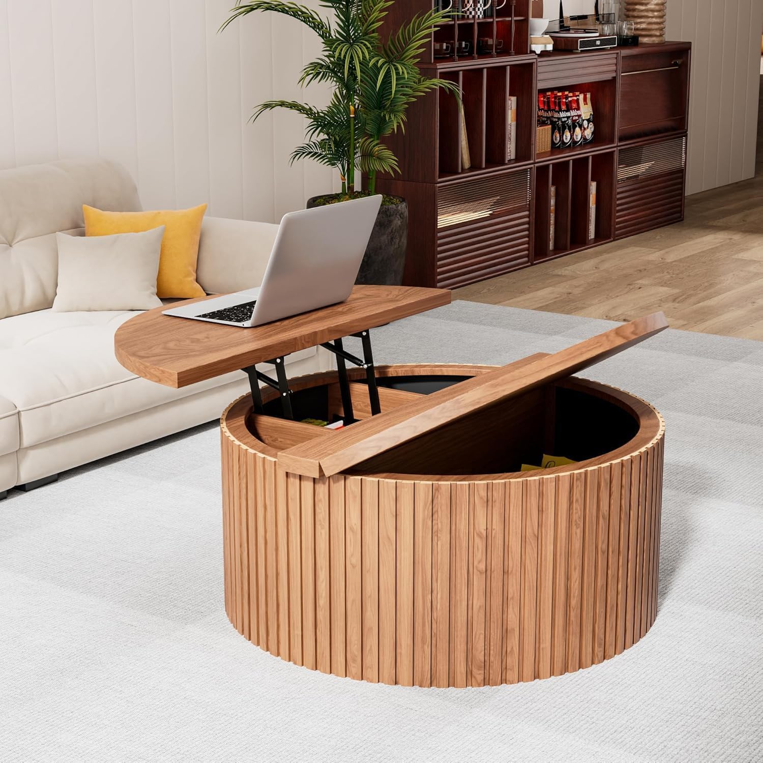 Fsbecl Fluted Lift Top Coffee Table with Storage, 34.6'' Round Coffee Tables for Living Room, Circle Wood Center Table with Hidden Conpartment (Walnut)