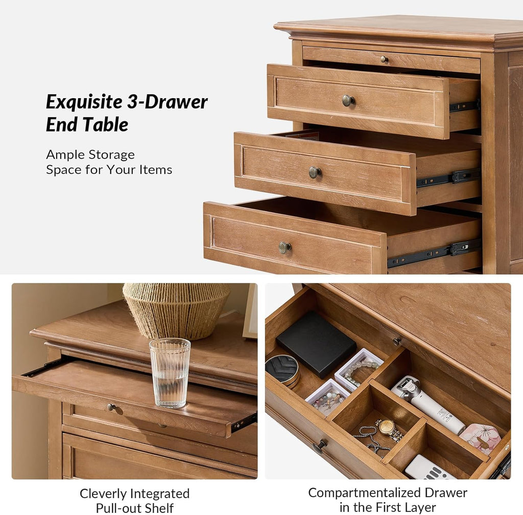 HULALA HOME End Table Set of 2 with Tray, Farmhouse 3 Drawer End Table with Solid Wood Legs, Drawer Organizer with Charging Station, Acorn