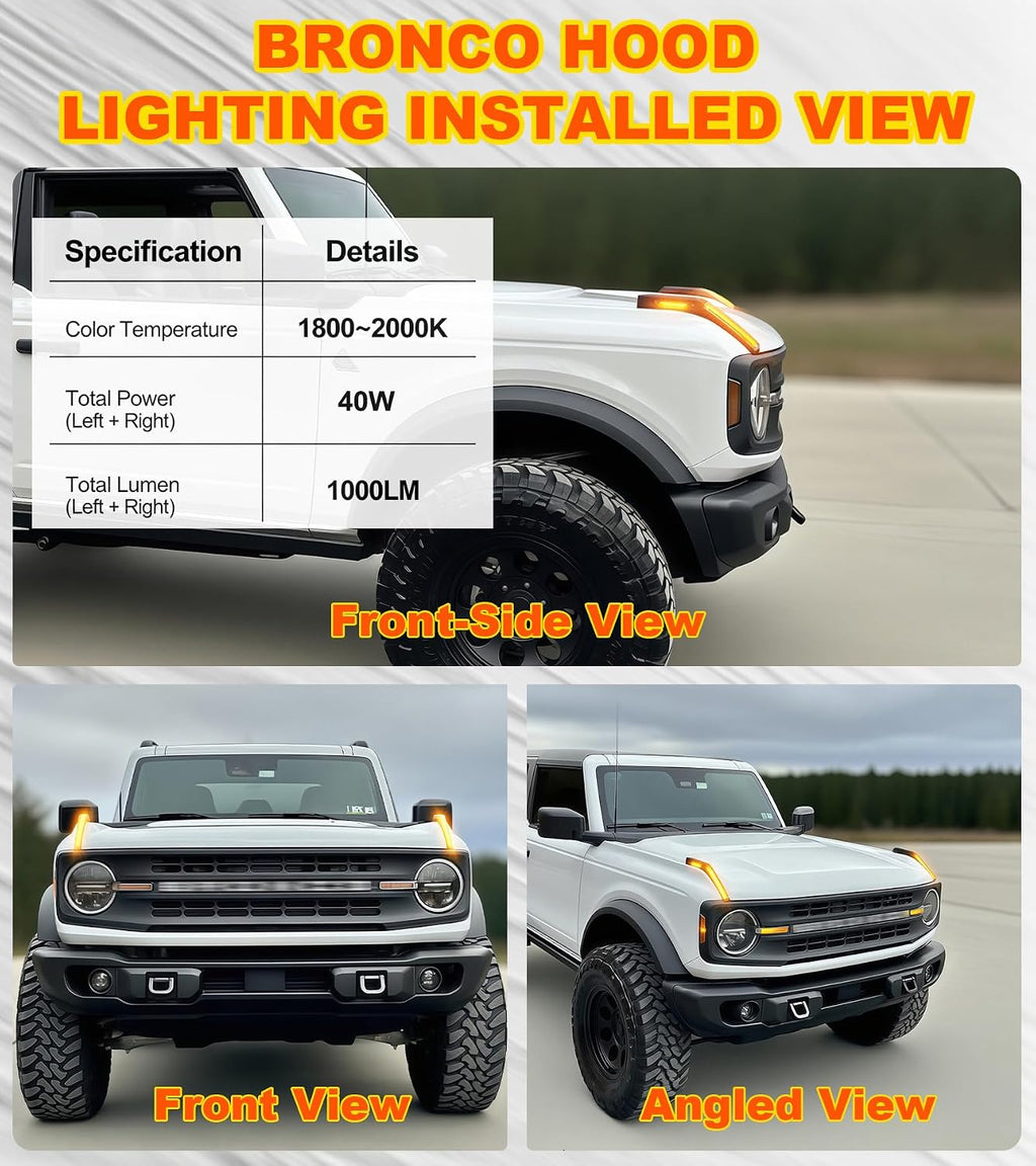LED Hood Handle Trail Sight Lights for Ford Bronco 2021 2022 2023 2024 2025 2026 Accessories Fog Light Kit Marker Lighting Bar (Amber DRL with Side Markers)