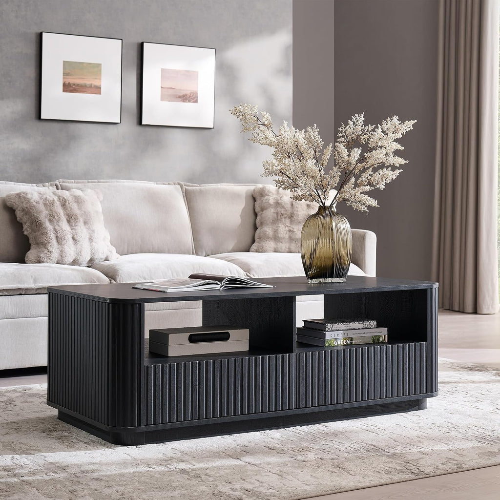 ACCOHOHO 51' Fluted Coffee Table with Storage, Large Modern Center Table with 2 Drawers, Rectangle Wood Coffee Table for Living Room, Black Oak