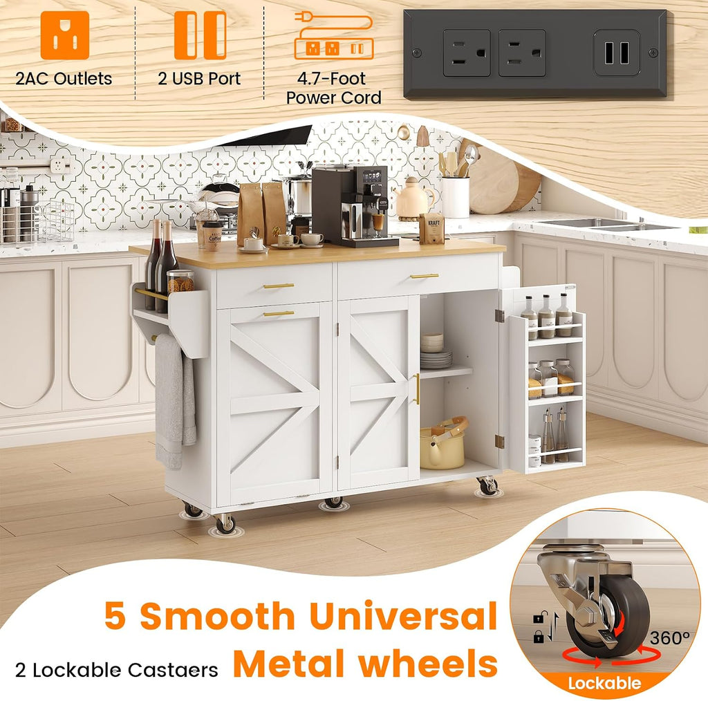 VVFLU 51.8' Kitchen Island Cart with Trash Can Storage, Kitchen Island on Wheels with Power Outlet & Drop Leaf, Rolling Kitchen Cart with Towel Rack & Spice Rack, Mobile Islands Table for Kitchen