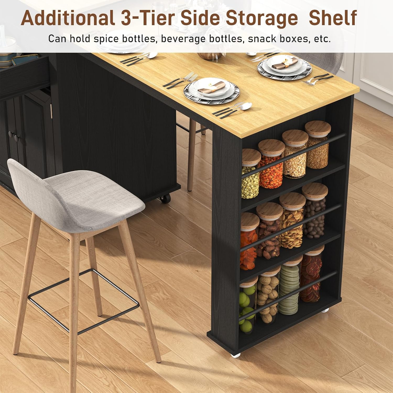 80'-48' Extendable Kitchen Island with Extended Dining Table and Power Outlet,Large Mobile Kitchen Storage Islands with 2 Storage Drawers,Rolling Islands Cart with 3 Extra Rows Open Shelves(Black)