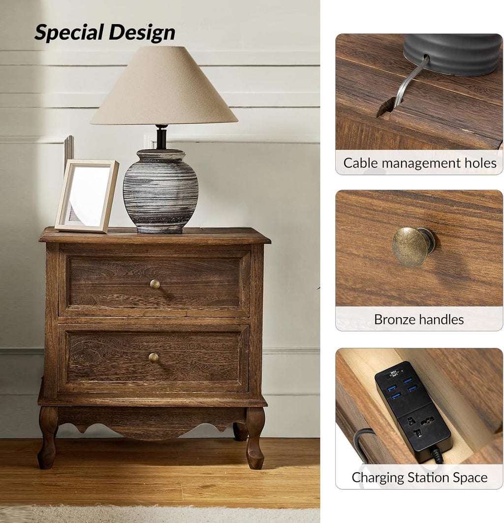 HULALA HOME Solid Wood End Tables Set of 2 with Charging Station Space, Vintage Endtables with Wood Legs and 2 Drawers, French Side Tables for Living Room, Walnut