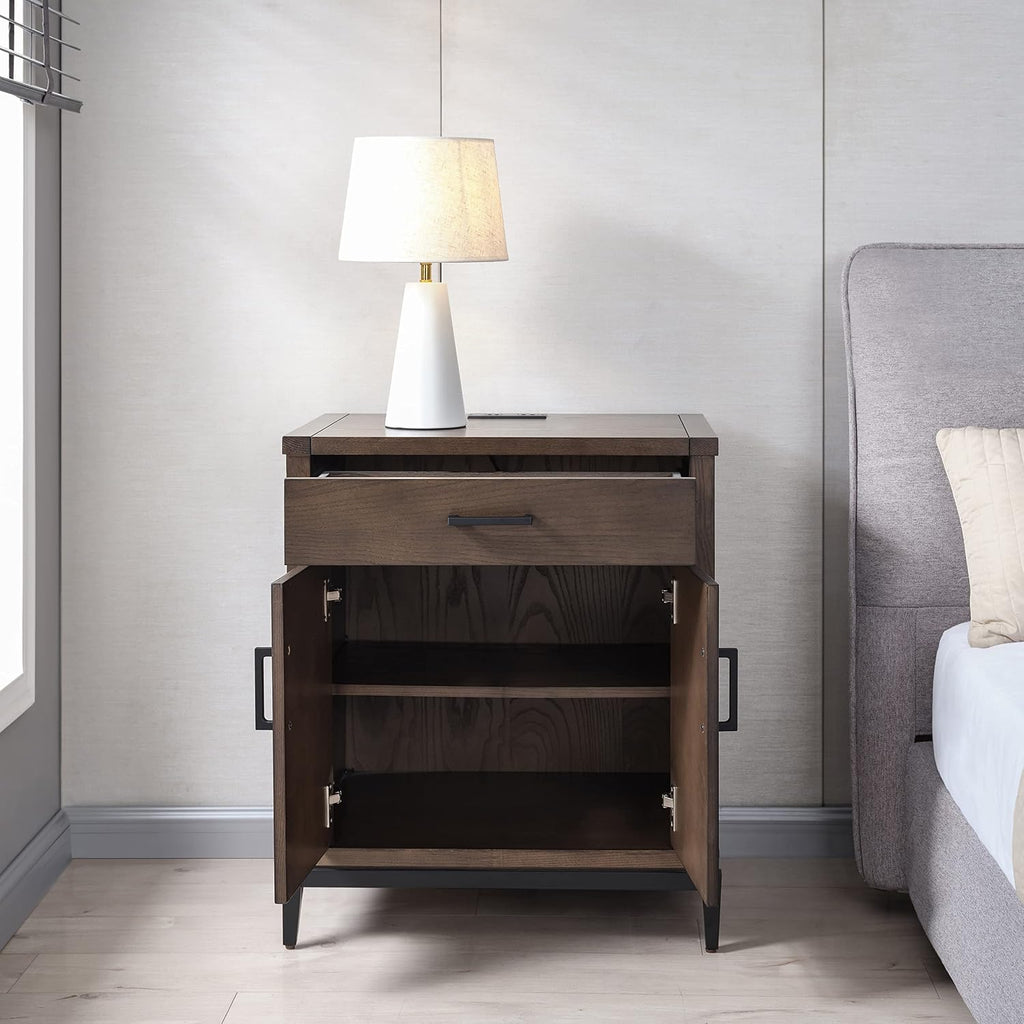 Leick Home Julien Nightstand Side Table One Drawer and Lower Cabinet Traditional – Fast Charging Station – Durable Solid Wood – Living Room, Bedroom, Office, Coffee Bean with Matte Black, 9079-GRMB