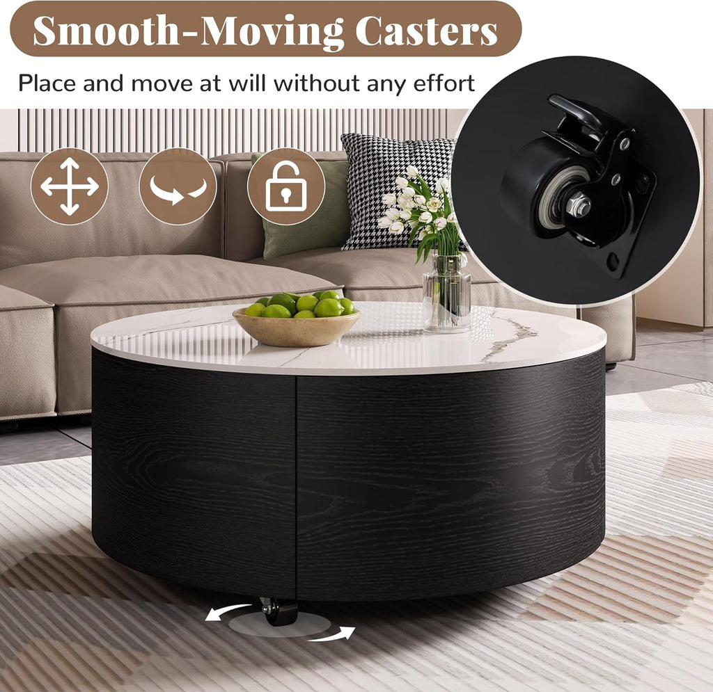 Merax 29.5' Round Coffee Table for Living Room, Movable Accent Table with Casters and 2 Storage Drawers, Marble Pattern Sintered Stone Top, Black and White