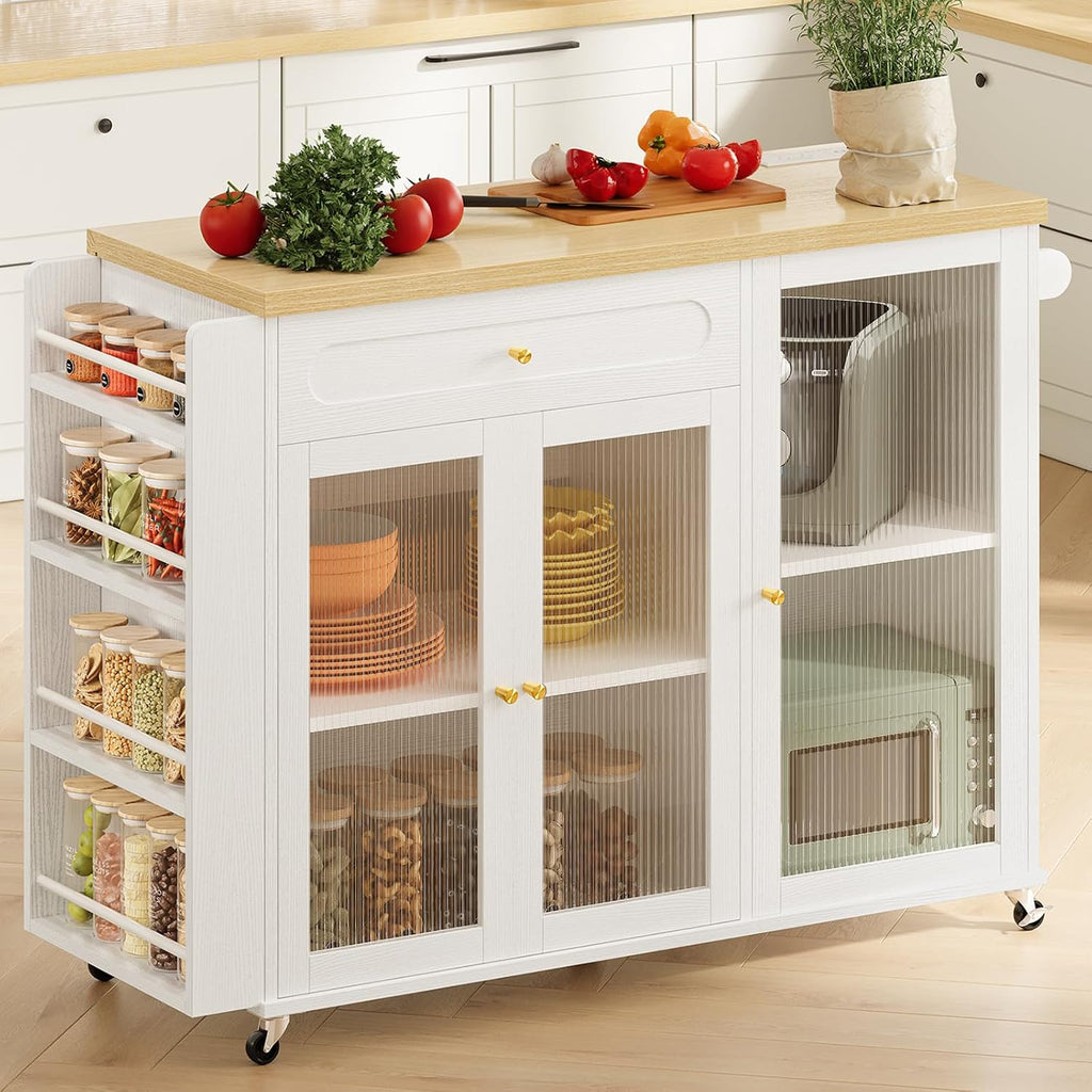 Kitchen Island with Power Outlet - Kitchen Cart on Wheels with Storage Cabinets & Drawers, Rolling Island Table with Spice & Towel Rack, Portable Islands with Large Wood Counter, Dinning Room