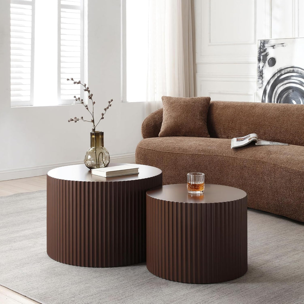 Nesting Coffee Table Set of 2, 23.6 inch Round Coffee Tables, MDF Nesting Tables with Roman Column Design, Modern Handcrafted Wooden Drum Accent Tables for Living Room - Dark Brown