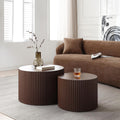 Nesting Coffee Table Set of 2, 23.6 inch Round Coffee Tables, MDF Nesting Tables with Roman Column Design, Modern Handcrafted Wooden Drum Accent Tables for Living Room - Dark Brown