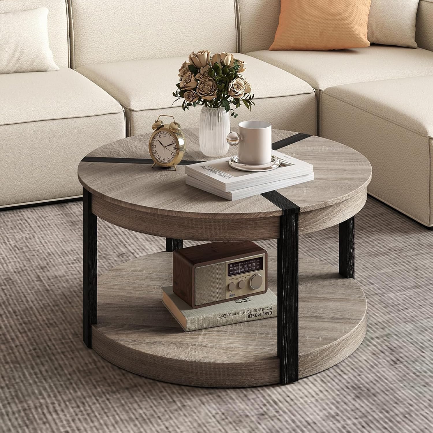 Giantex Round Coffee Table, 34.5' Mid Century Modern Circle Cocktail Accent Table with Open Storage Shelf & Rubber Wood Frame, 2 Tier Center Table for Living Room Reception Room, Grey Oak