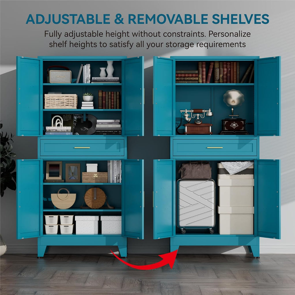 71' Tall Farmhouse Pantry Cabinet,Metal Cabinet with Adjustable Shelves and Doors,Storage Cabinet for Kitchen Garage,Blue 1 Pack