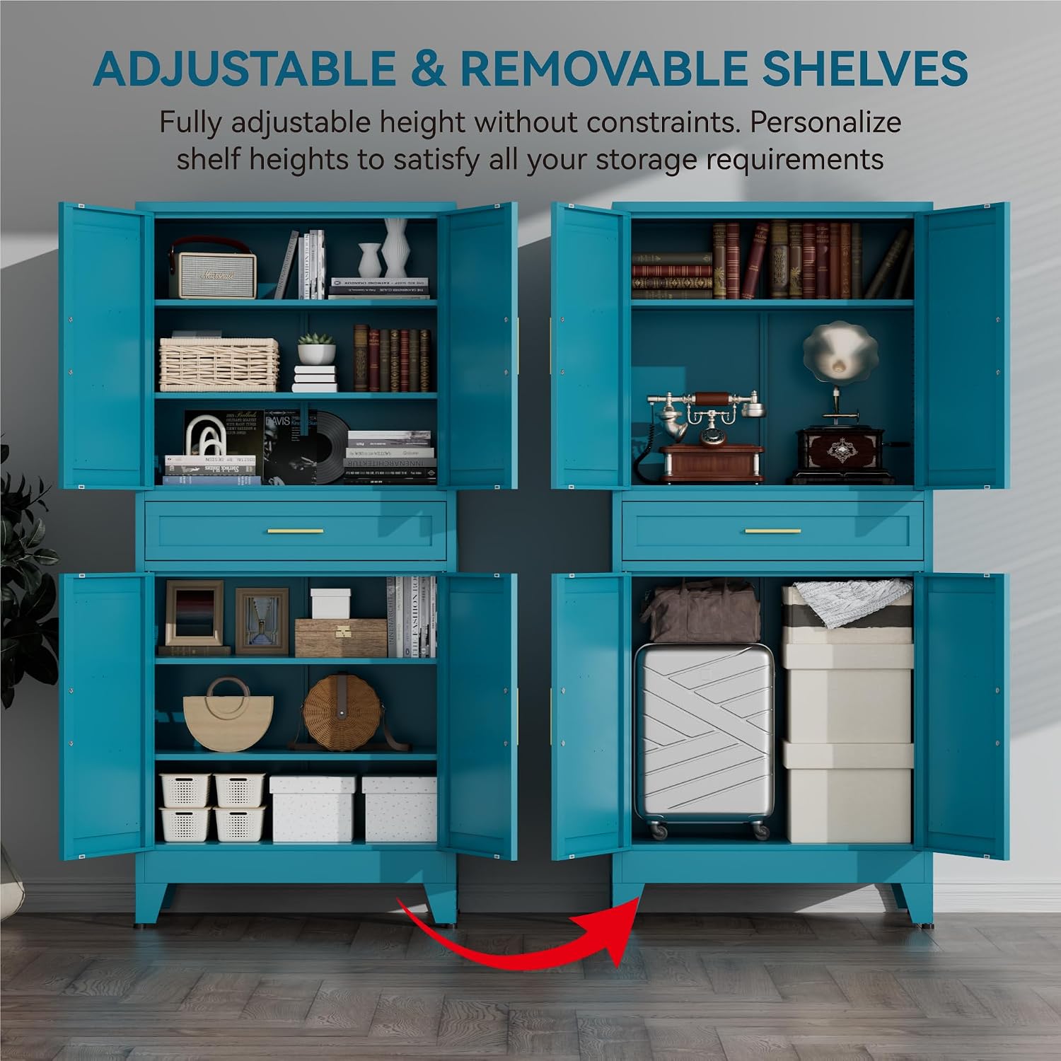 71' Tall Farmhouse Pantry Cabinet,Metal Cabinet with Adjustable Shelves and Doors,Storage Cabinet for Kitchen Garage,Blue 1 Pack
