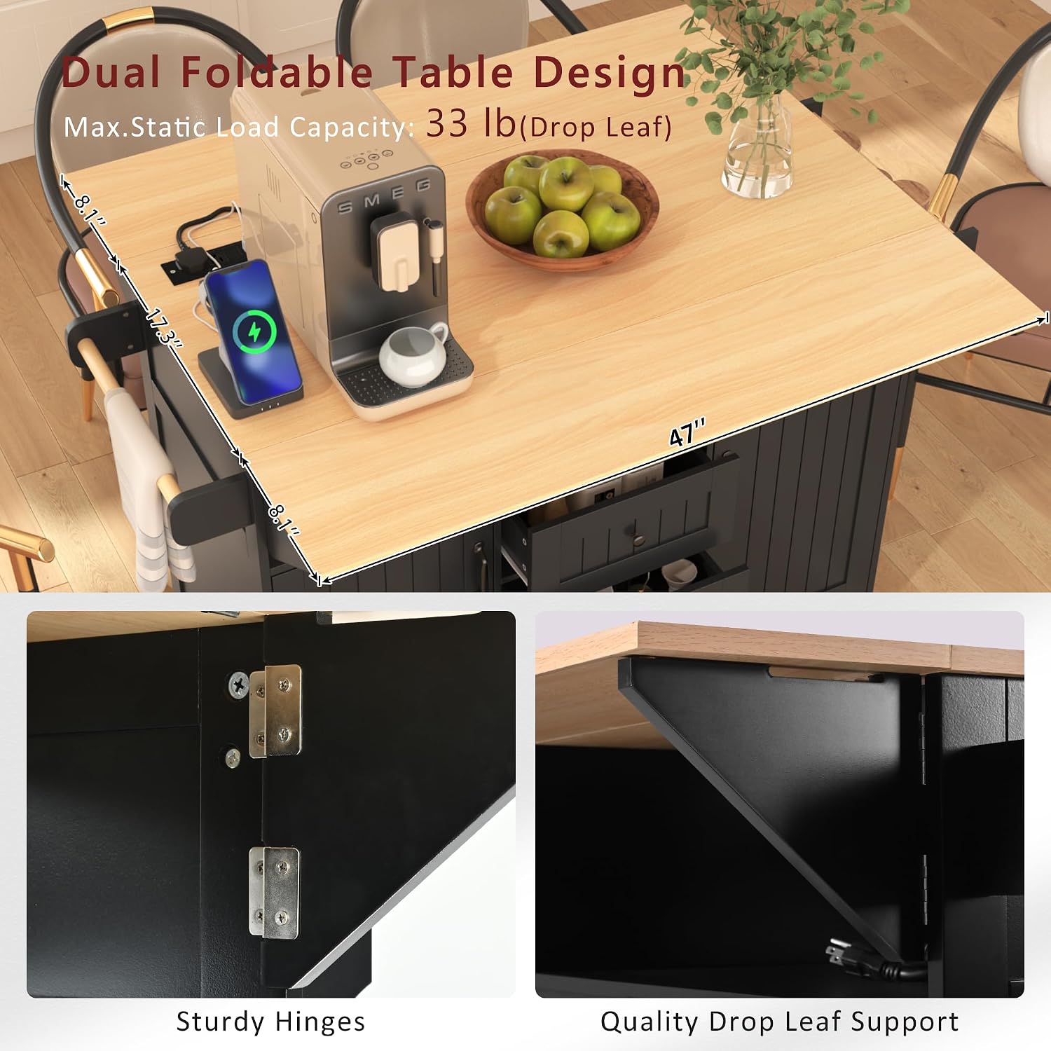 Merax 55.7' Upgraded Large Kitchen Cart Island on Wheels with 2 Drop Leaf,Power Outlet,3 Drawers,Wood Frame Storage Cabinet