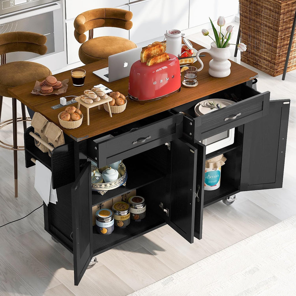 53.5'' Farmhouse Mobile Kitchen Island with Power Outlet, Drop Leaf, Spice Rack and Drawer - Rolling Kitchen Cart with Ample Storage, Rustic Storage Islands Table for Home and Dining Room