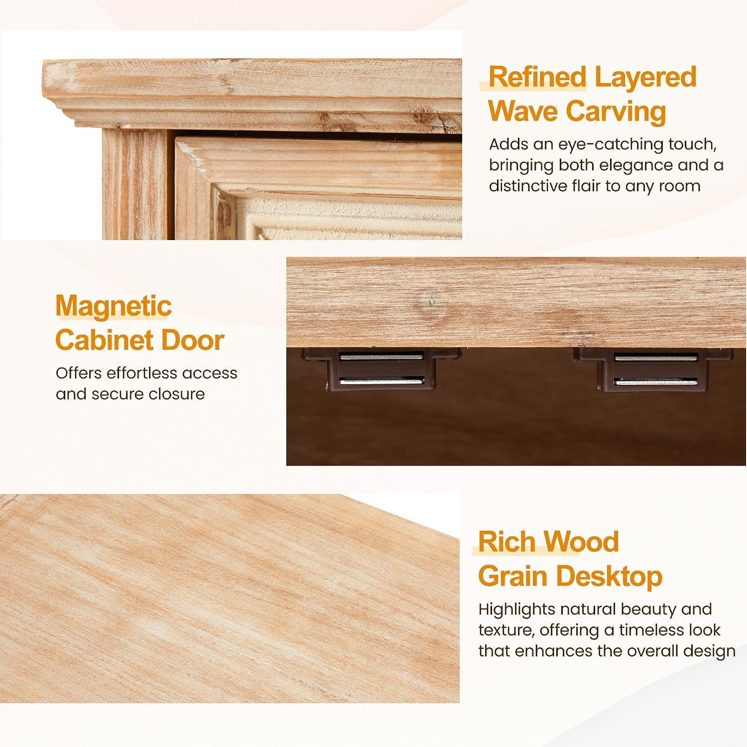 RoyalCraft Sideboard Buffet Kitchen Storage Cabinet, Solid Wood Credenza Accent Cabinet, Cupboard Console Table with 2 Craved Decorated Doors for Dining Room, Living Room, Hallway (Natural)