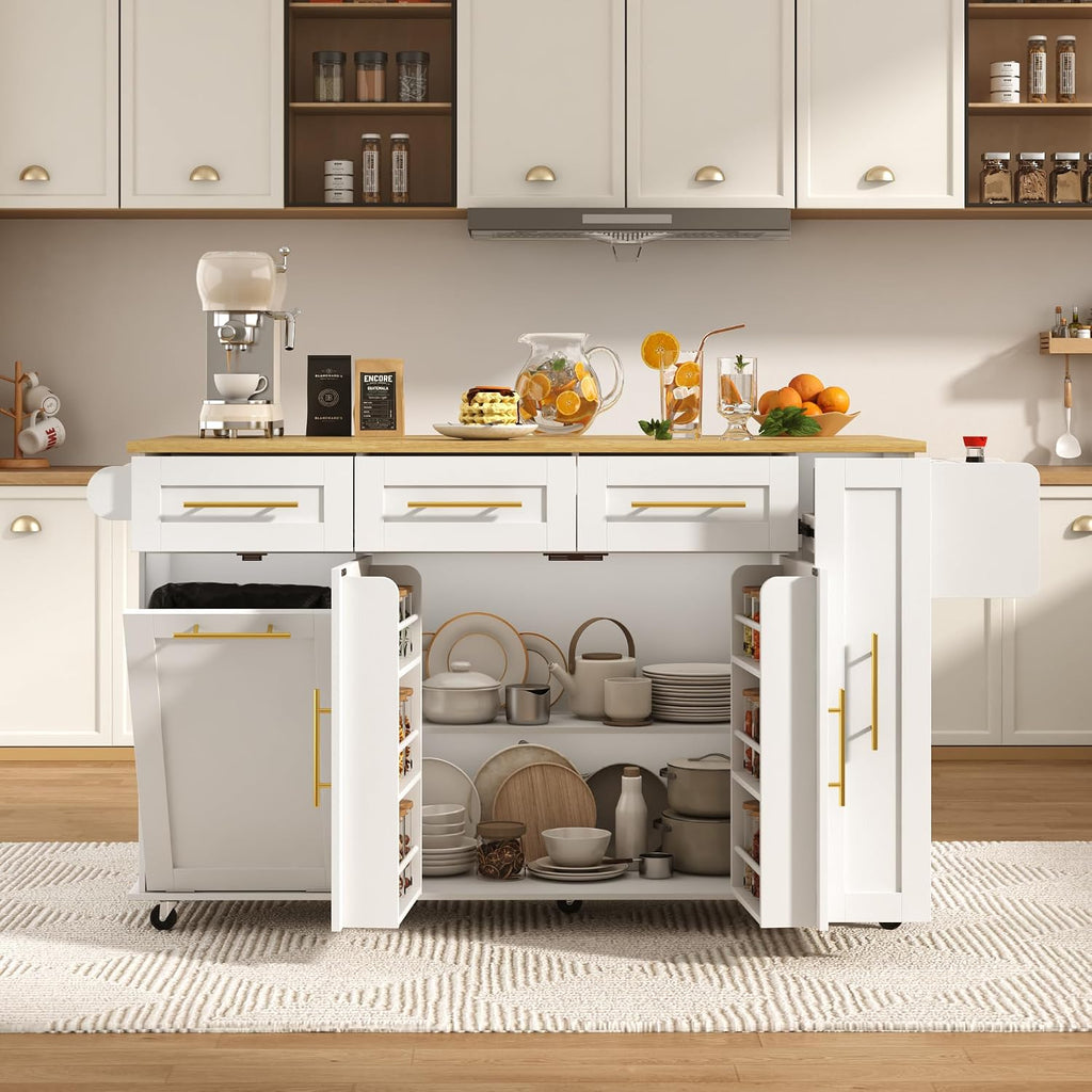 St.Mandyu 69' Large Kitchen Island on Wheels, Kitchen Rolling Island Cart with Trash Storage Cabinet, Power Outlet, 3-Tier Pull-Out Storage Trays, Drop Leaf, Mobile Island Table for Kitchen, White