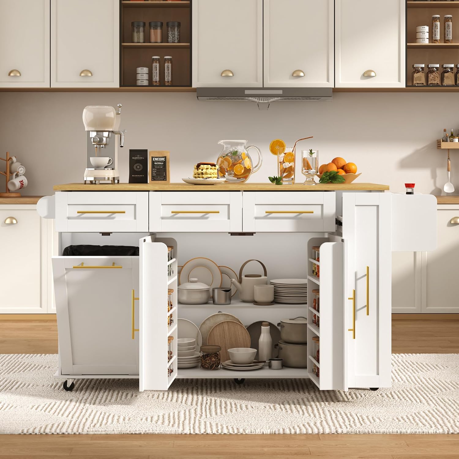 St.Mandyu 69' Large Kitchen Island on Wheels, Kitchen Rolling Island Cart with Trash Storage Cabinet, Power Outlet, 3-Tier Pull-Out Storage Trays, Drop Leaf, Mobile Island Table for Kitchen, White