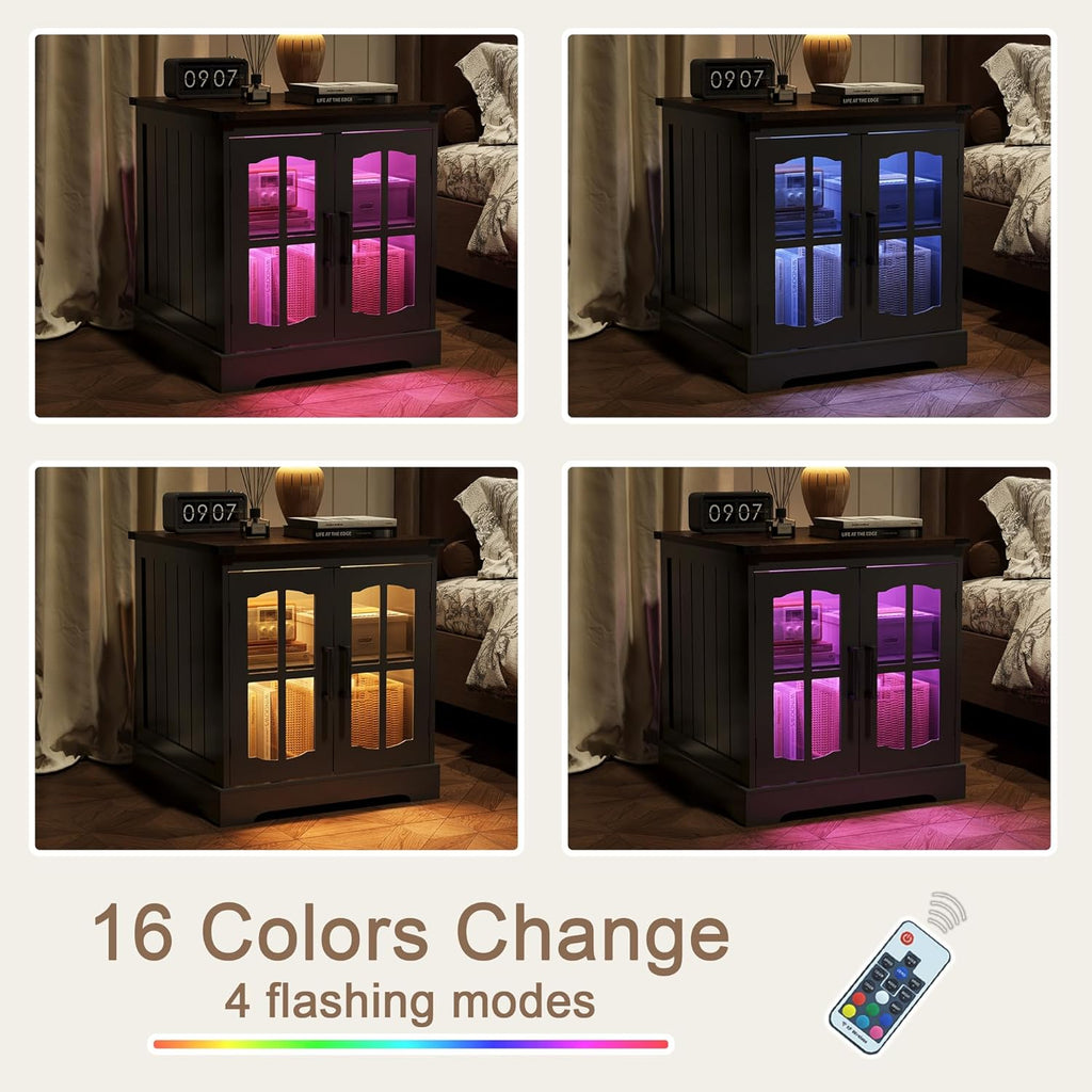 ChooChoo Rustic End Table, 24' Large Sofa Side Table with Charging Station & LED Light, Black Nightstand with Adjustable Storage Shelf, Square Bedside Table for Living Room, Bedroom, Office
