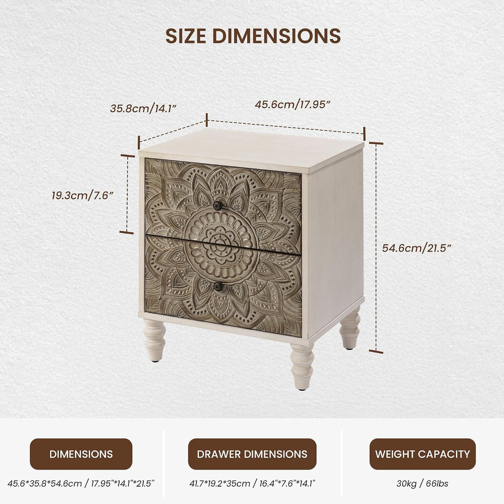 COSIEST Vintage Nightstand, 18' Wide Wood Small Bed Side Table with 2 Drawers, Accent Bedside Table, Bedroom Furniture for Home, Office (Lotus Pattern)