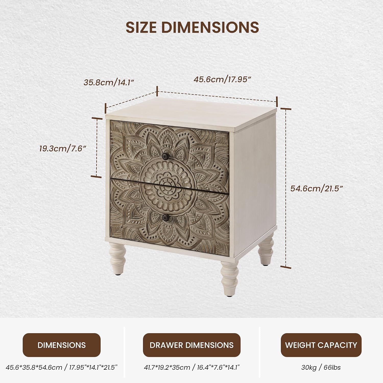 COSIEST Vintage Nightstand, 18' Wide Wood Small Bed Side Table with 2 Drawers, Accent Bedside Table, Bedroom Furniture for Home, Office (Lotus Pattern)
