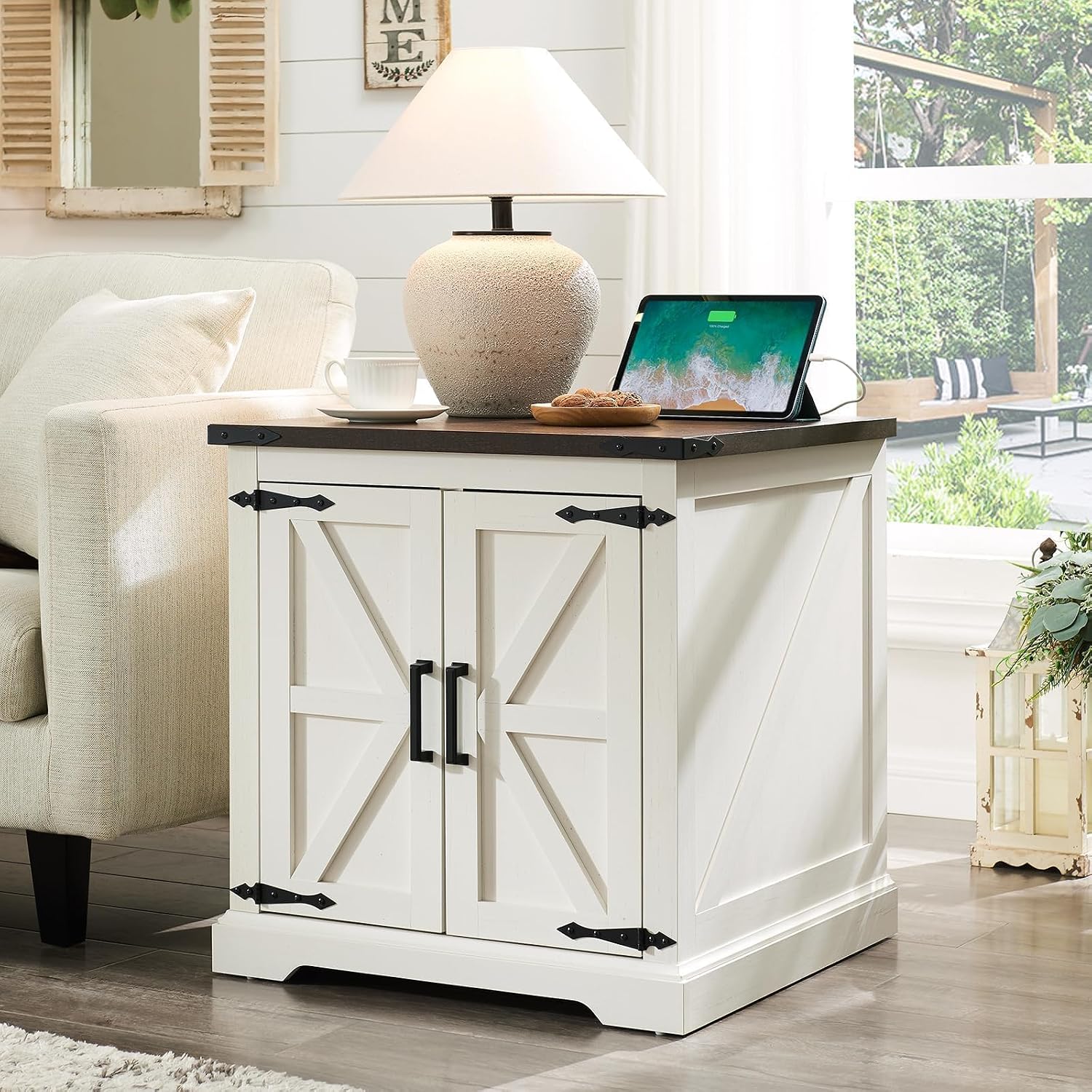 Barnyatoh Farmhouse End Table with Charging Station,24' Large Sofa Side Table with Barn Door, Rustic Wood Square Nightstand Bedside Table with Adjustable Shelf for Living Room, Bedroom,Antique White