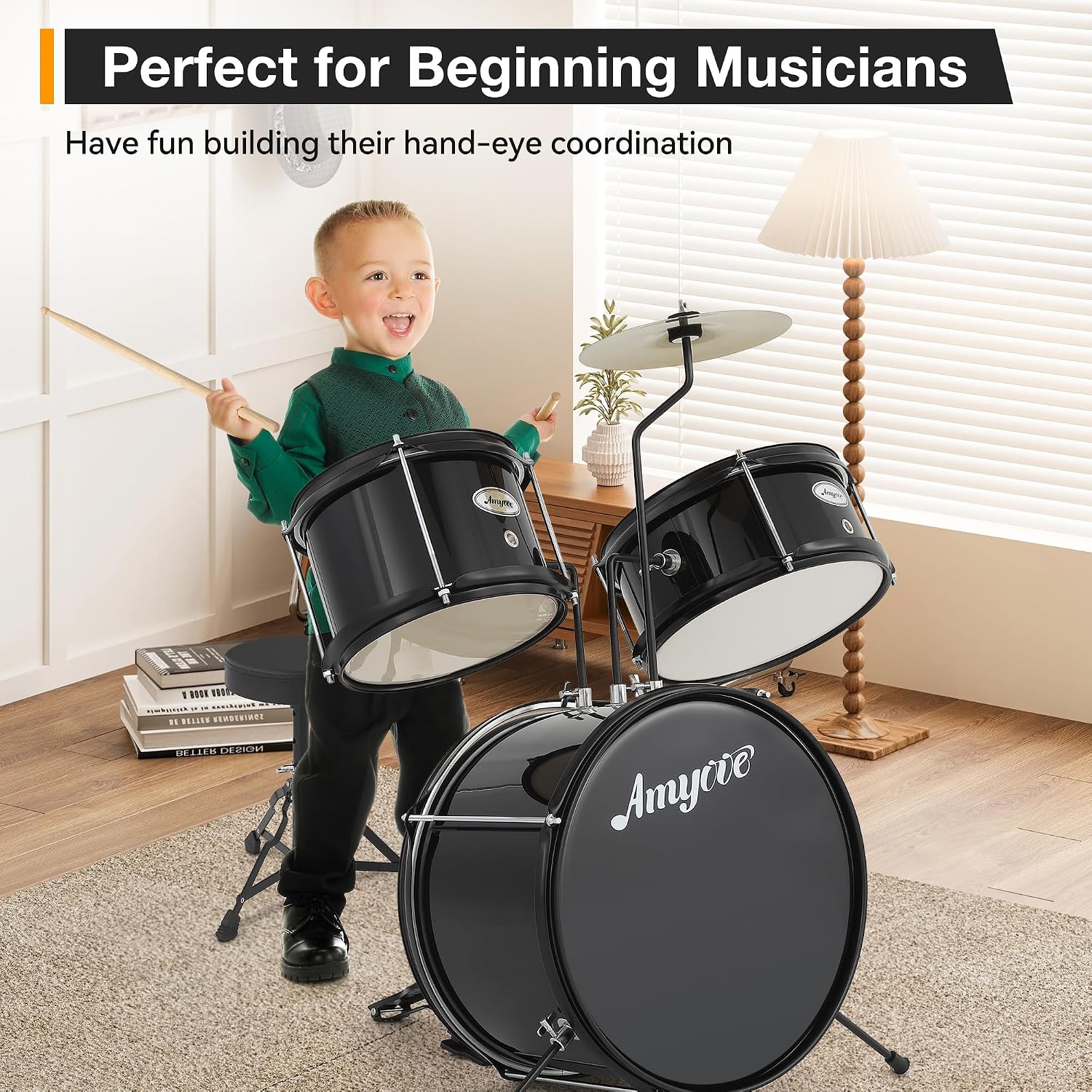 3-Piece Beginner Drum Set, Beginner Drum Set,with Bass Tom Snare Drum, 14 Inch Drum Kit with Snare, Cymbal, Drumsticks, Adjustable Seat (Metallic Black)