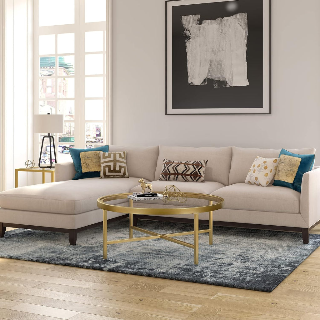 Henn&Hart 36' Wide Round Coffee Table with Glass Top in Brass, Modern coffee tables for living room, studio apartment essentials