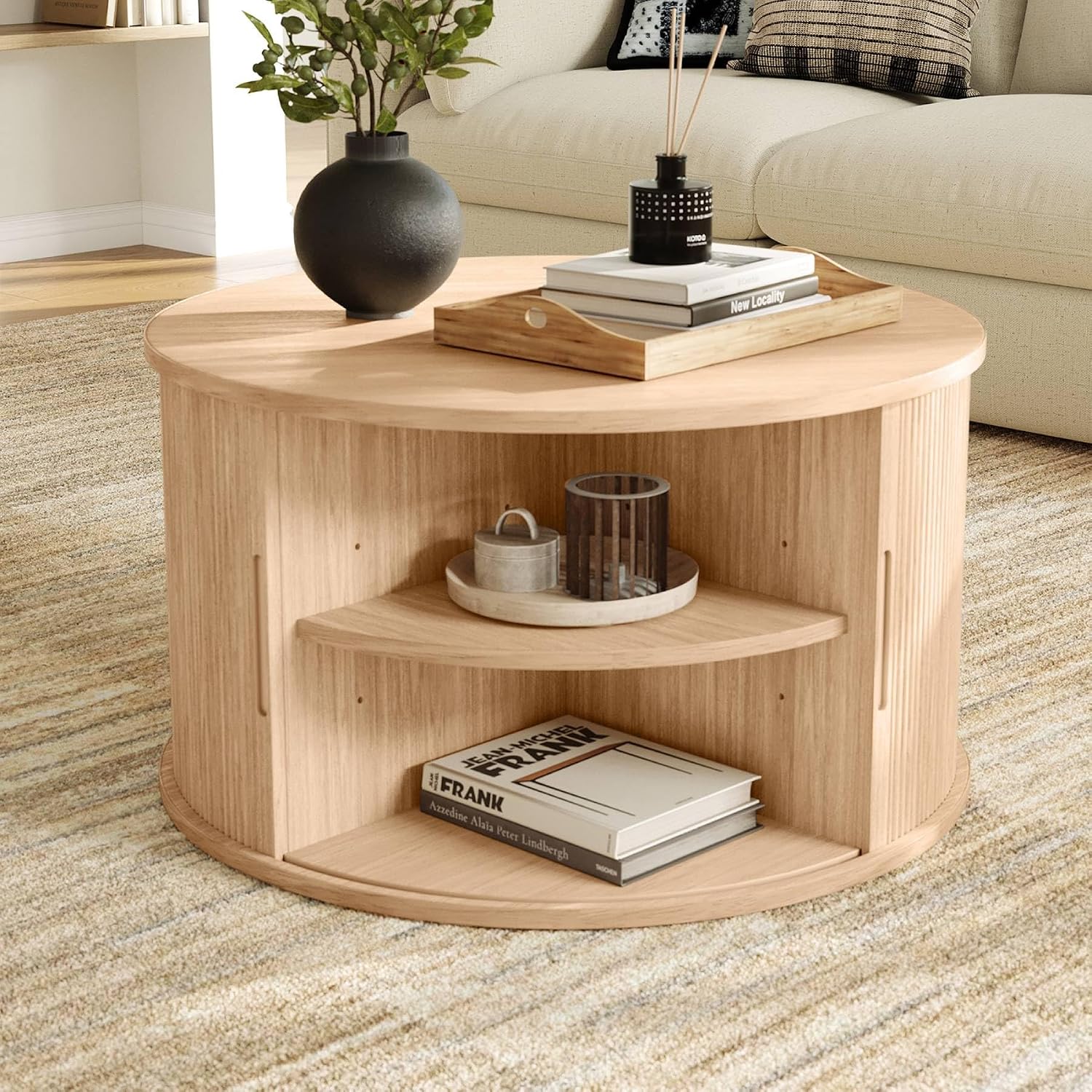 LINSY HOME Round Coffee Table, 31.5' Drum Coffee Table with Sliding Tambour Door, Fluted Accent Center Table with Storage, Mid Century Modern Coffee Table for Living Room, Oak