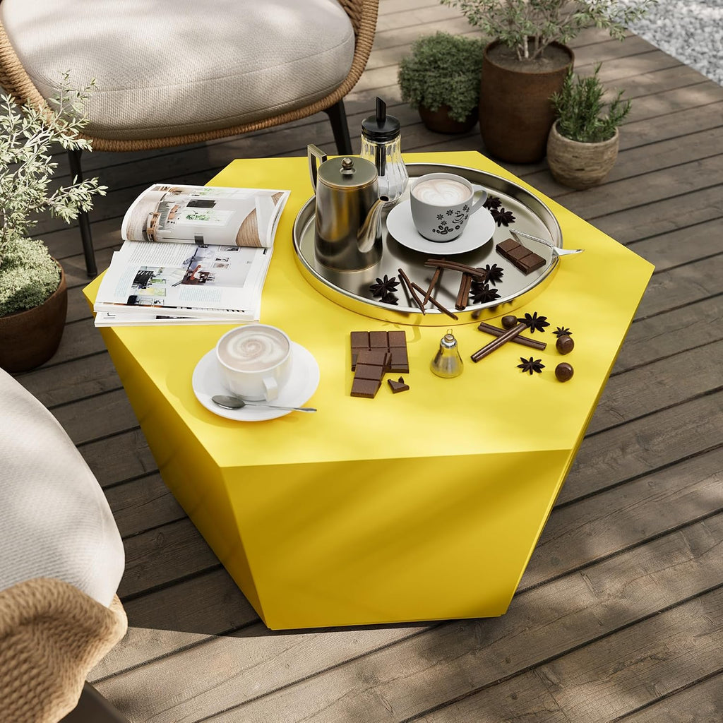 UPHA 28' Hexagon Outdoor Coffee Table, Modern Hollow Concrete Patio Table, Small Minimalist Low Accent Table for Living Room, Balcony, Deck, Backyard, Lemon Yellow