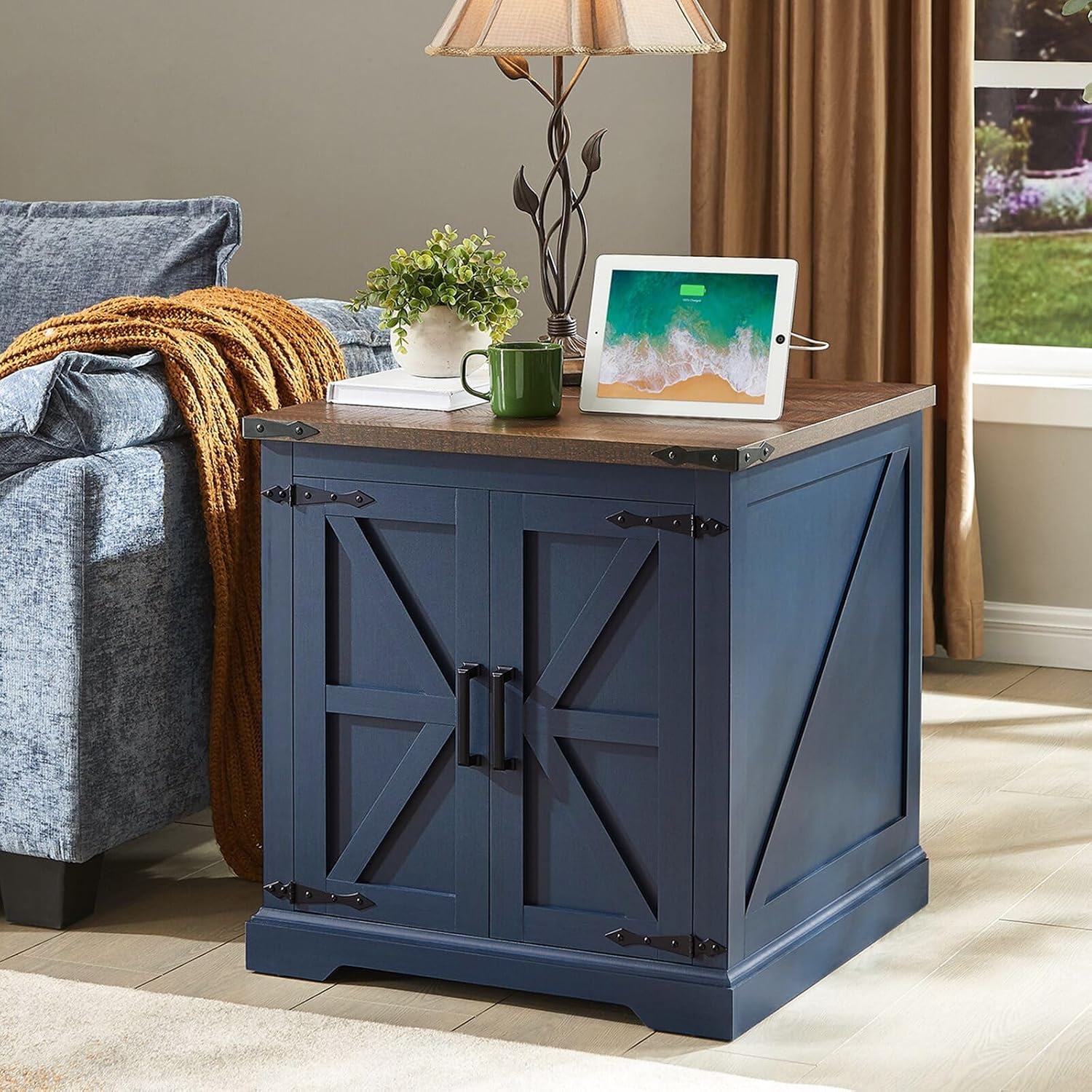 Barnyatoh Farmhouse End Table with Charging Station,24' Large Side Table with Barn Door, Wood Square Nightstand Bedside Table with Adjustable Storage Shelf for Living Room, Bedroom,Navy Blue 2-Pack