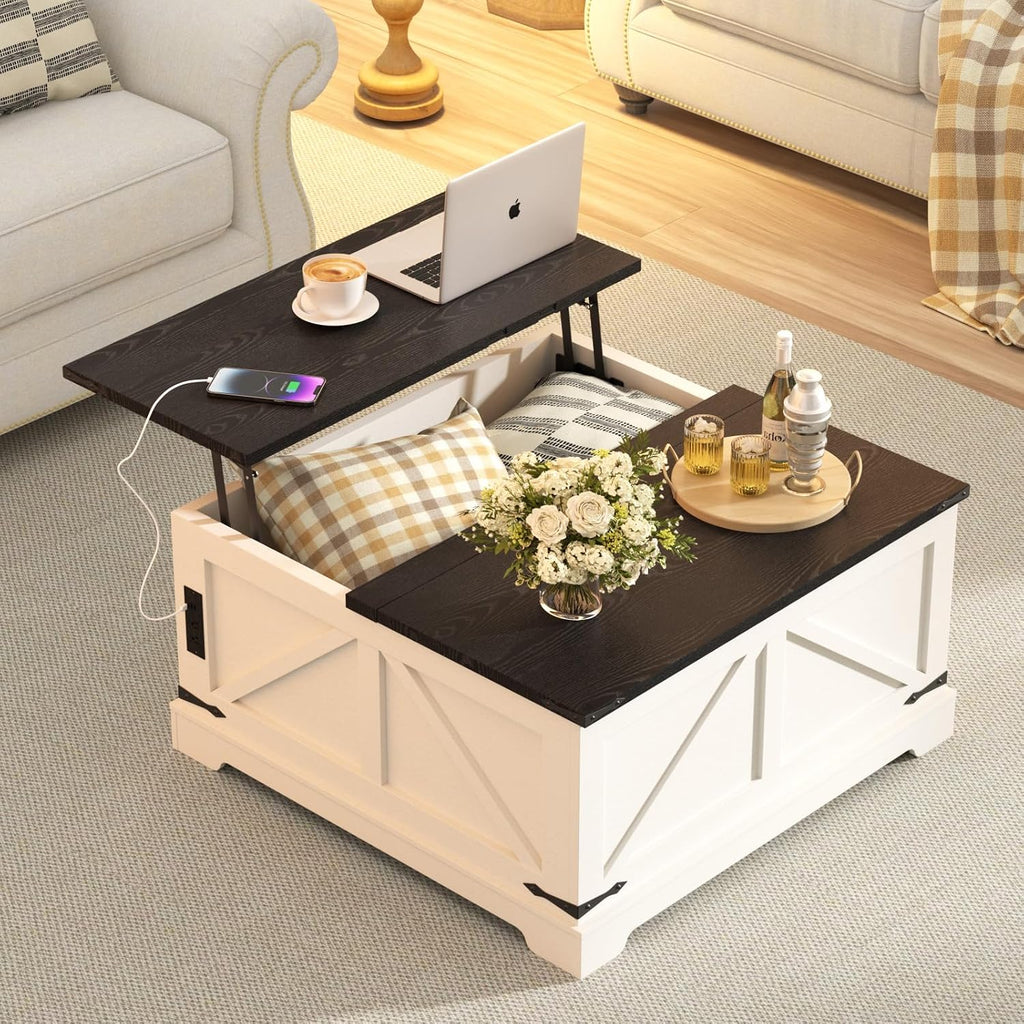 FiveWillowise Coffee Table with Storage, Farmhouse Lift Top Wood Square Center Table with Charging Station, Rustic Cocktail Tables with Flip Top Lids for Living Room, Home Office, 35.4' W, White