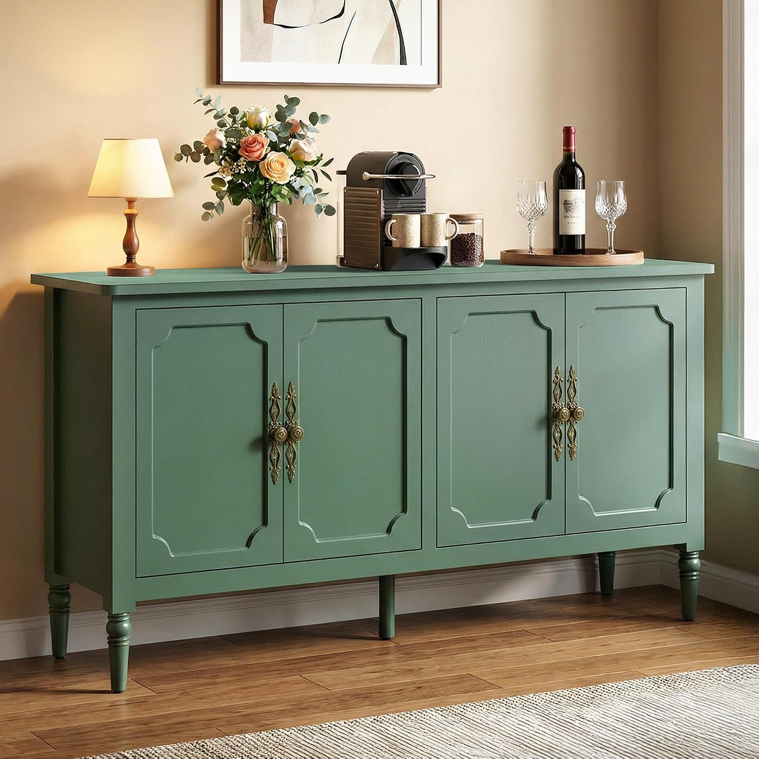 RoyalCraft Buffet Cabinet with Storage, 59' Vintage Sideboard with Adjustable Shelves, Mid Century Modern Painted Credenza Coffee Bar for Kitchen, Dining Room, Entryway, Living Room, Forest Green