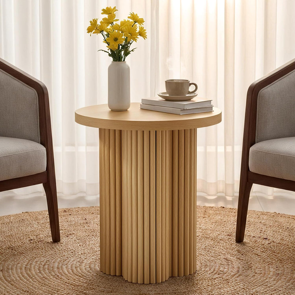 Small Sofa Side Table Set of 2, Fluted Accent Pedestal End Table, Wood Round Night Stand, Farmhouse Bed Side Table Drink Tables for Living Room, Small Spaces (Natural-2PCS)
