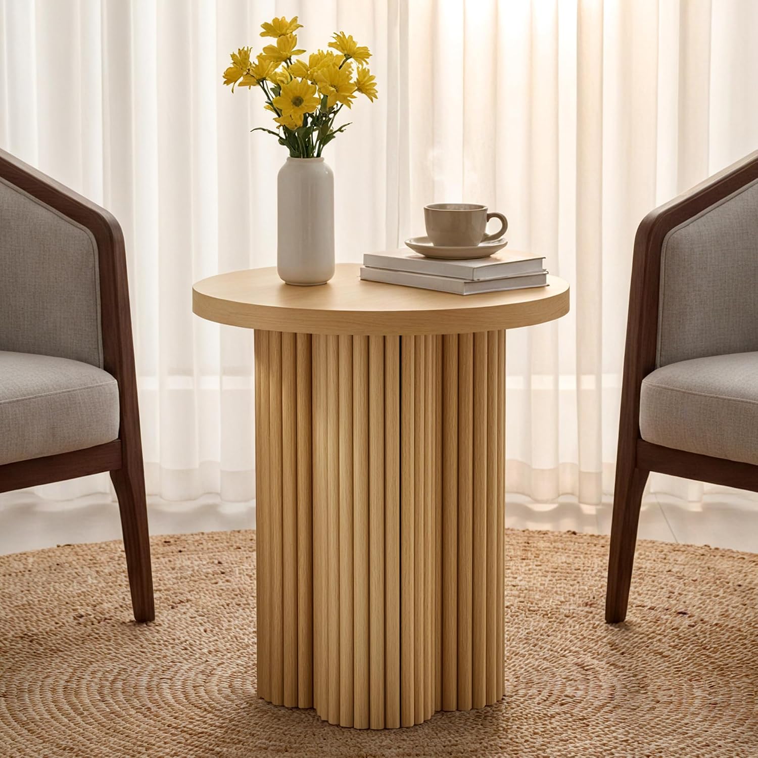 Small Sofa Side Table Set of 2, Fluted Accent Pedestal End Table, Wood Round Night Stand, Farmhouse Bed Side Table Drink Tables for Living Room, Small Spaces (Natural-2PCS)