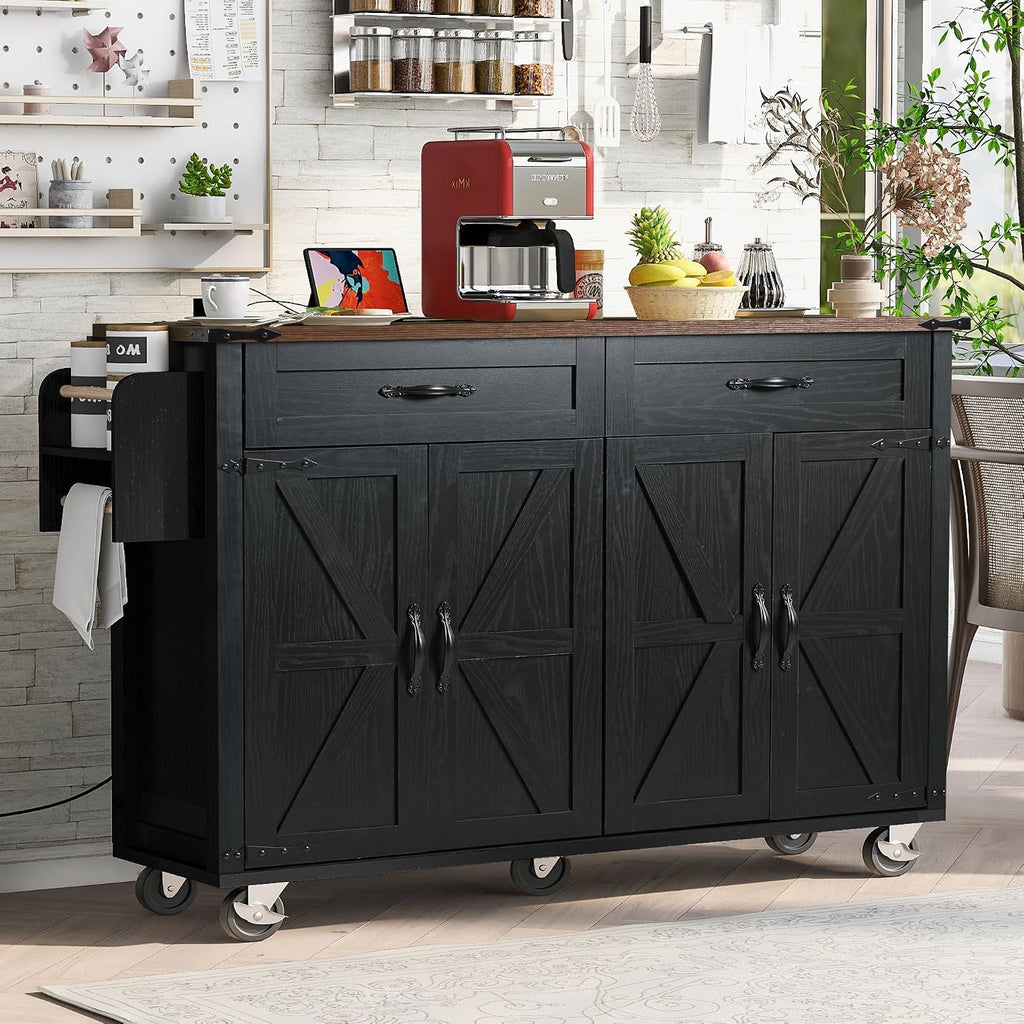 53.5'' Farmhouse Mobile Kitchen Island with Power Outlet, Drop Leaf, Spice Rack and Drawer - Rolling Kitchen Cart with Ample Storage, Rustic Storage Islands Table for Home and Dining Room