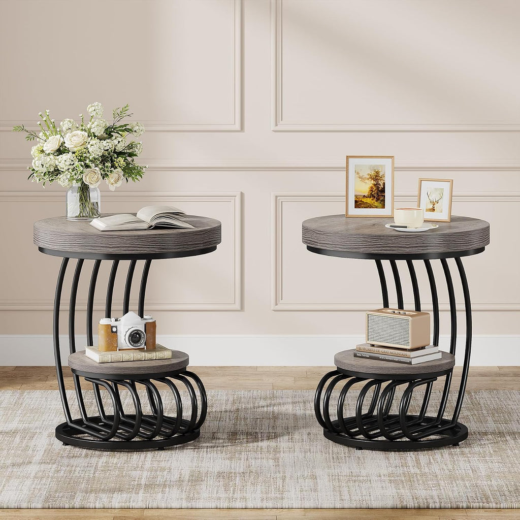 Tribesigns Round End Table Set of 2, 2-Tier Farmhose Wood Side Table with Shelf Storage, Small Sofa Side Bedside Nightstand, Accent Furniture for Living Room, Grey