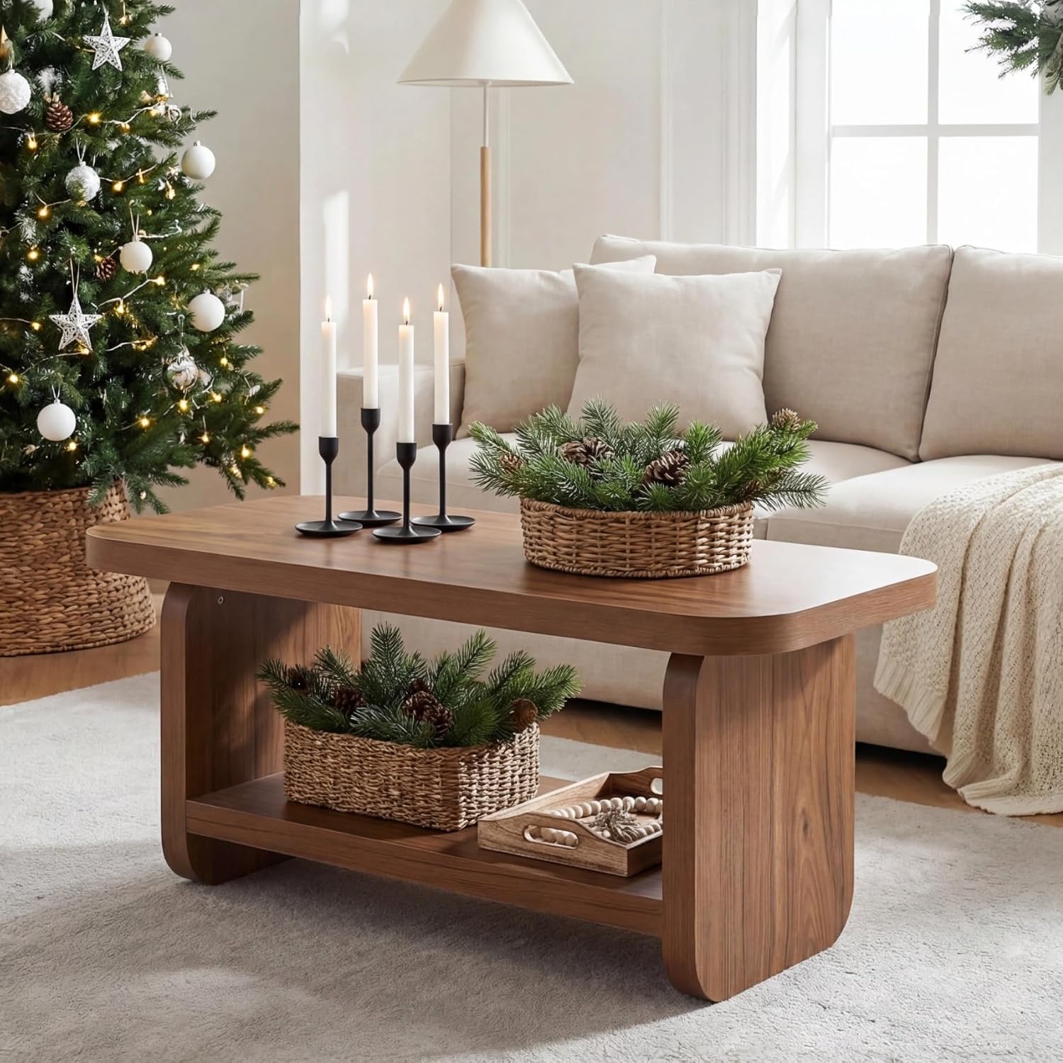 LITTLE TREE Wooden Coffee Table, 47.2' Center Table with Storage, Modern Farmhouse Rectangle Living Room Tables with Rounded Corners for Living Room, Bedroom, Kids Room, Home Office, Brown