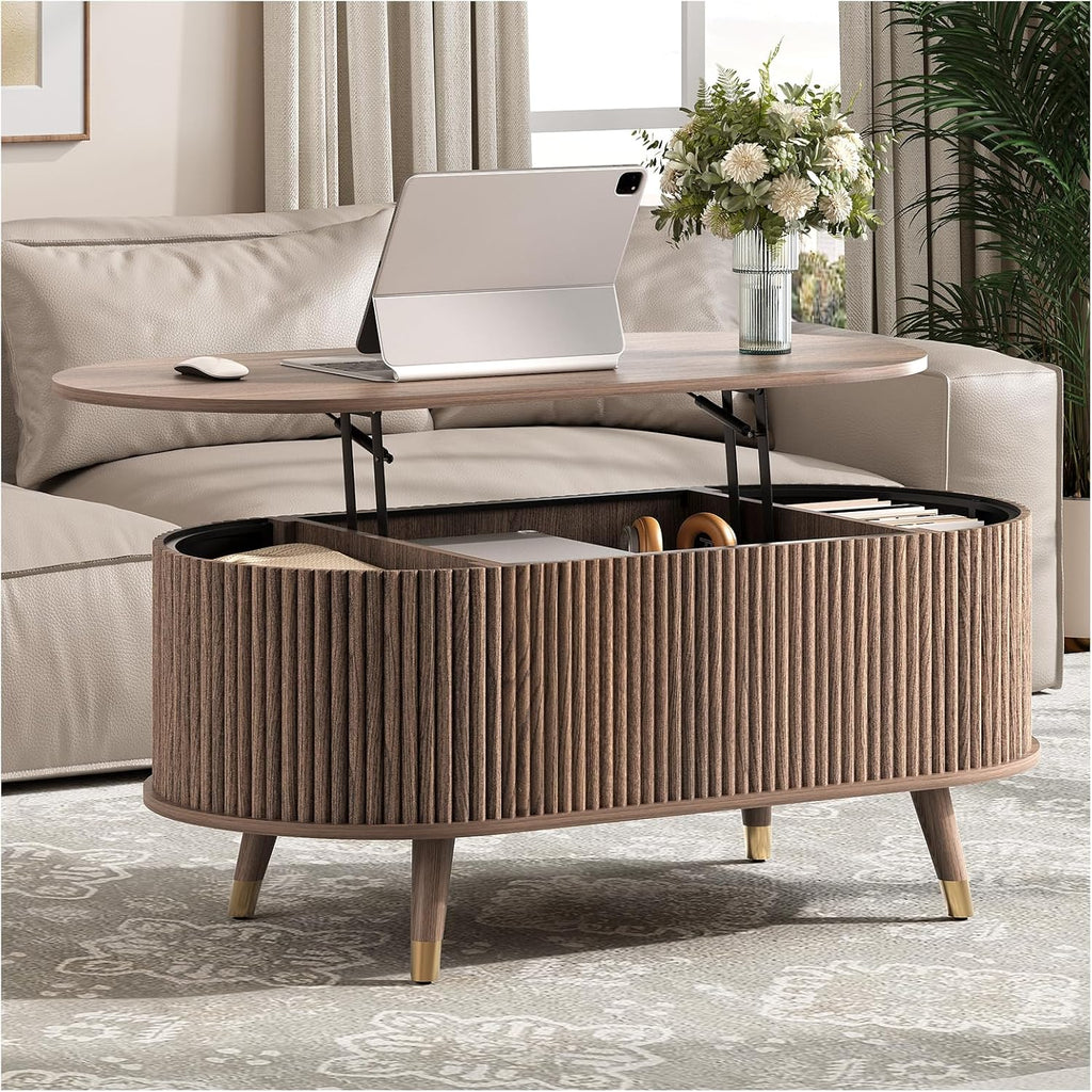 Oval Coffee Table with Storage, 42.5' Fluted Coffee Table with Lifting Top & Solid Wood Legs, Modern Lift Up Center Table for Living Room, Home Office, Walnut